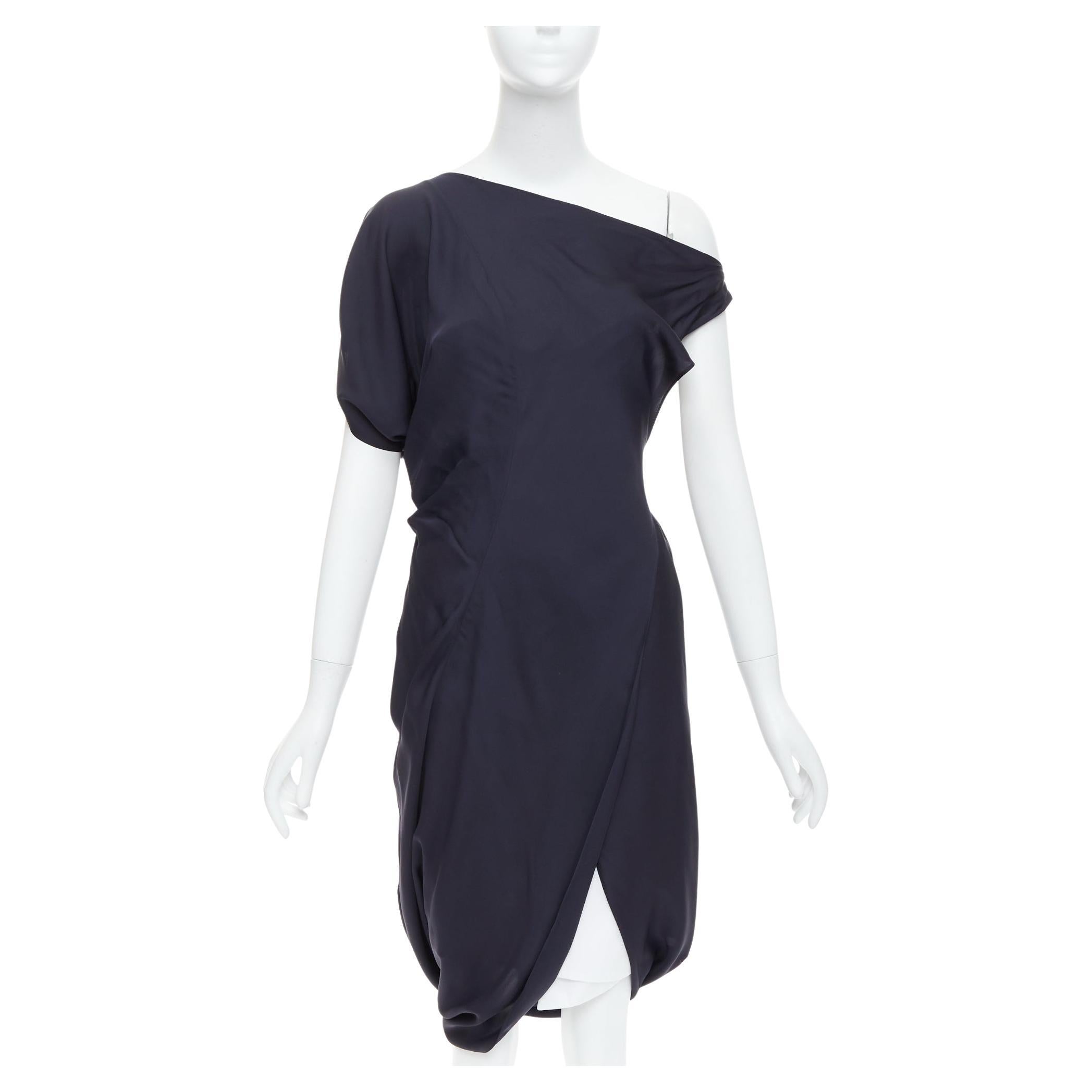 CELINE Vintage 100% silk cotton trim asymmetric layered drape dress FR36 S For Sale