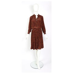 Céline vintage 1970s 100% silk printed matching blouse & skirt ensemble.