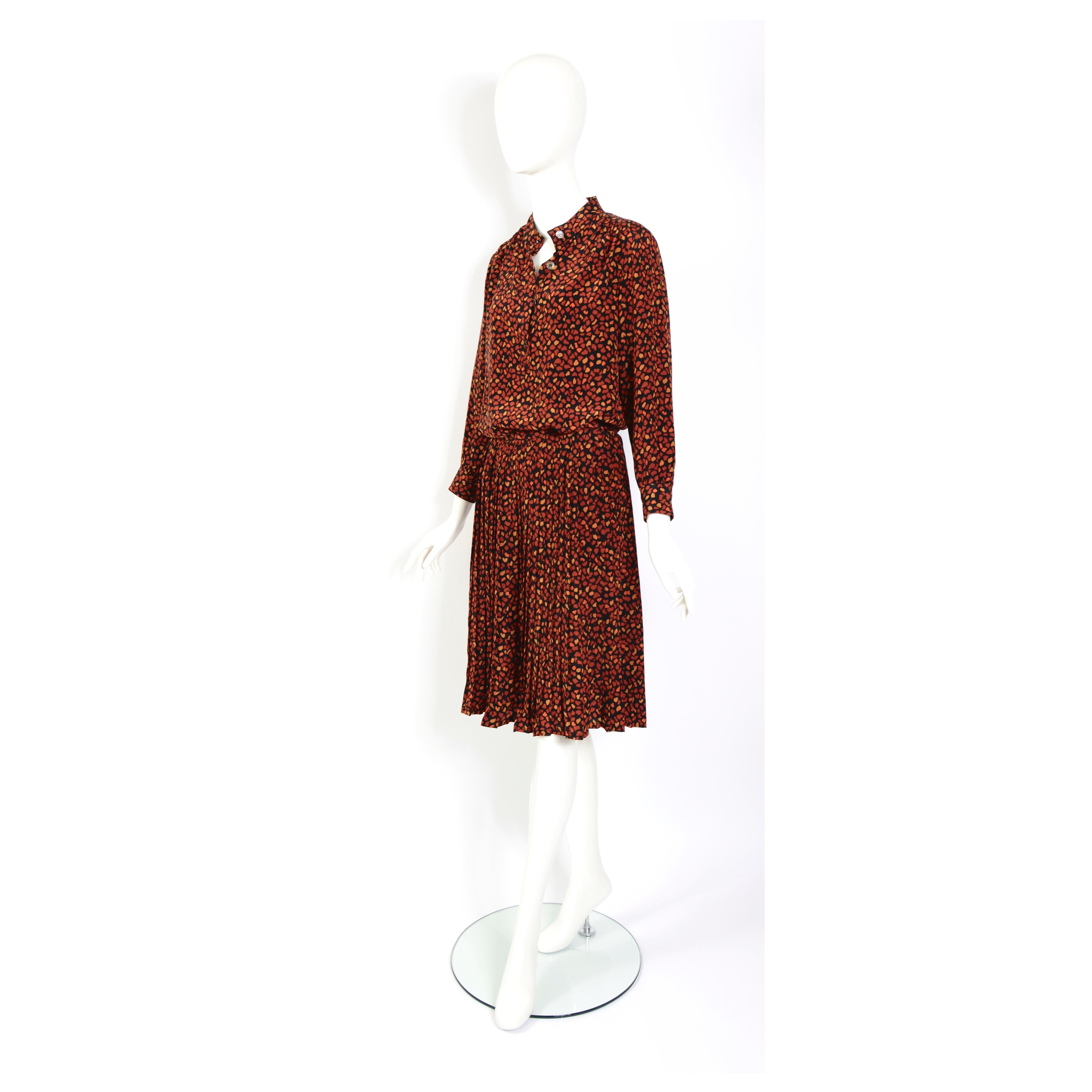 Brown Céline vintage 1970s 100% silk printed matching blouse & skirt ensemble. For Sale