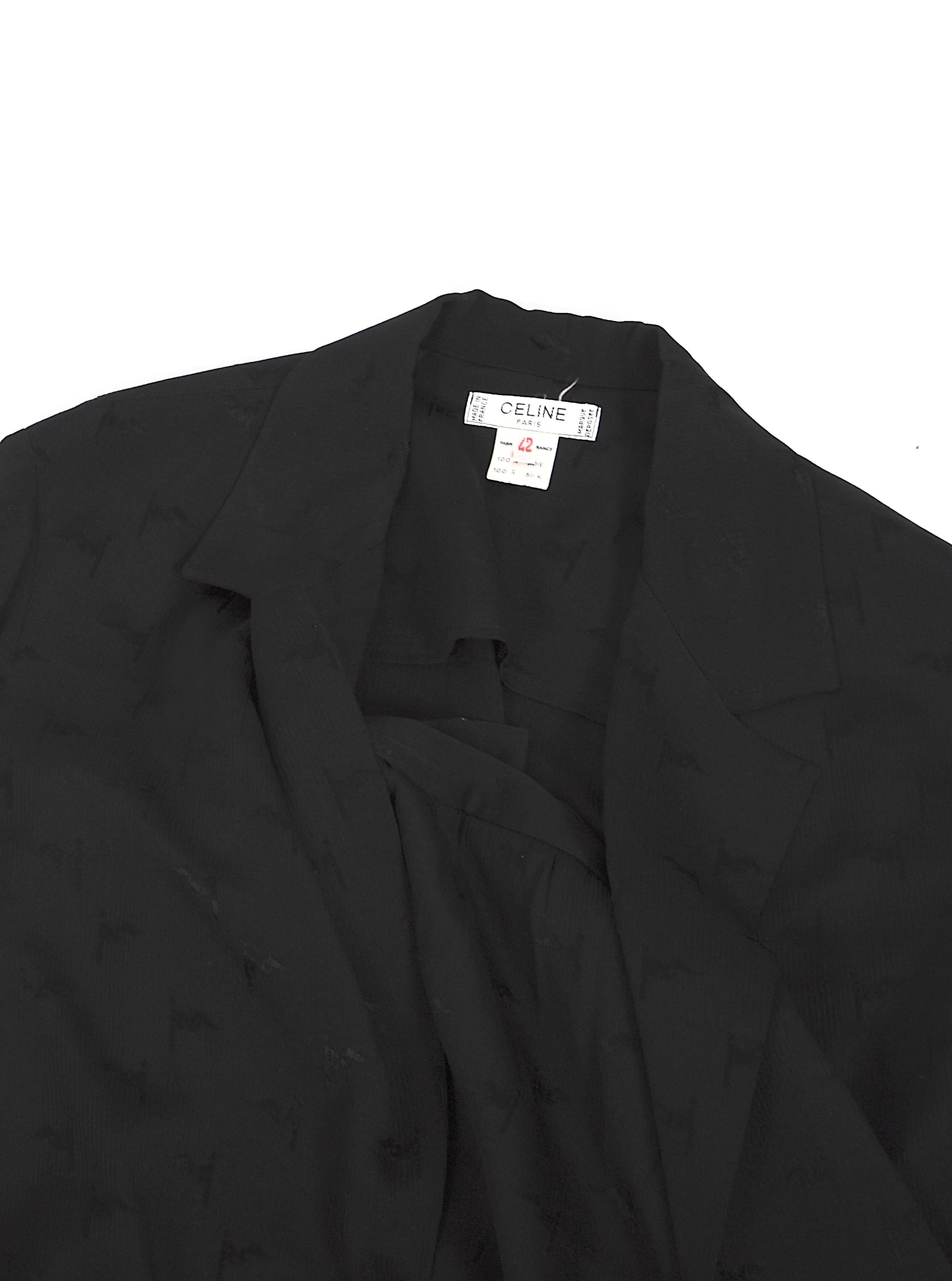 Celine vintage 1970s black light silk logo print jacket and skirt suit For Sale 5