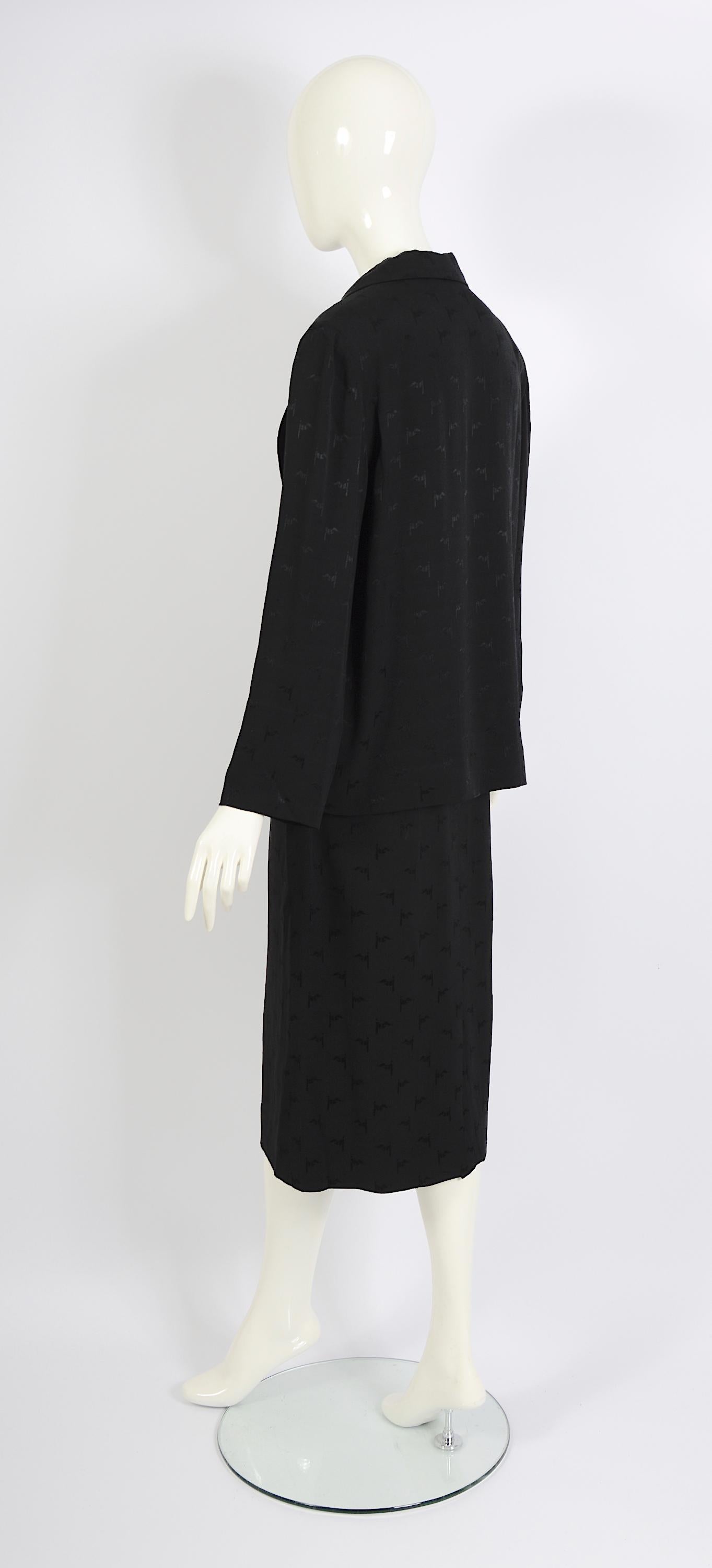 Black Celine vintage 1970s black light silk logo print jacket and skirt suit For Sale