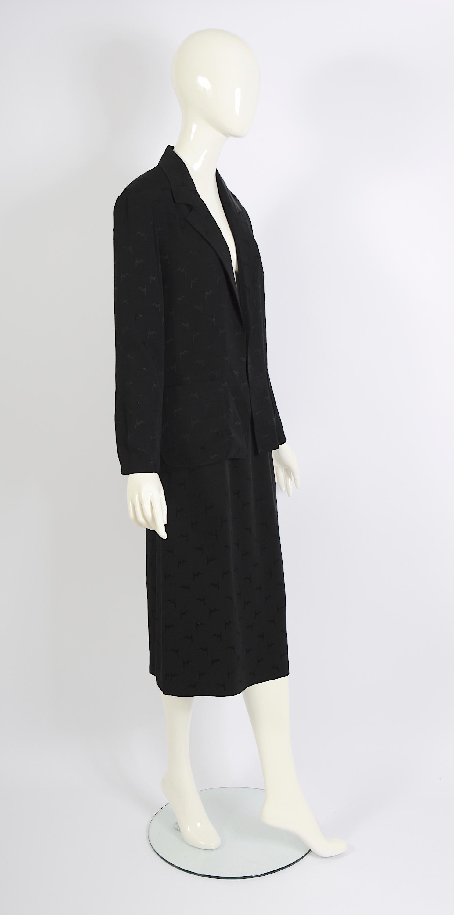 Celine vintage 1970s black light silk logo print jacket and skirt suit For Sale 2