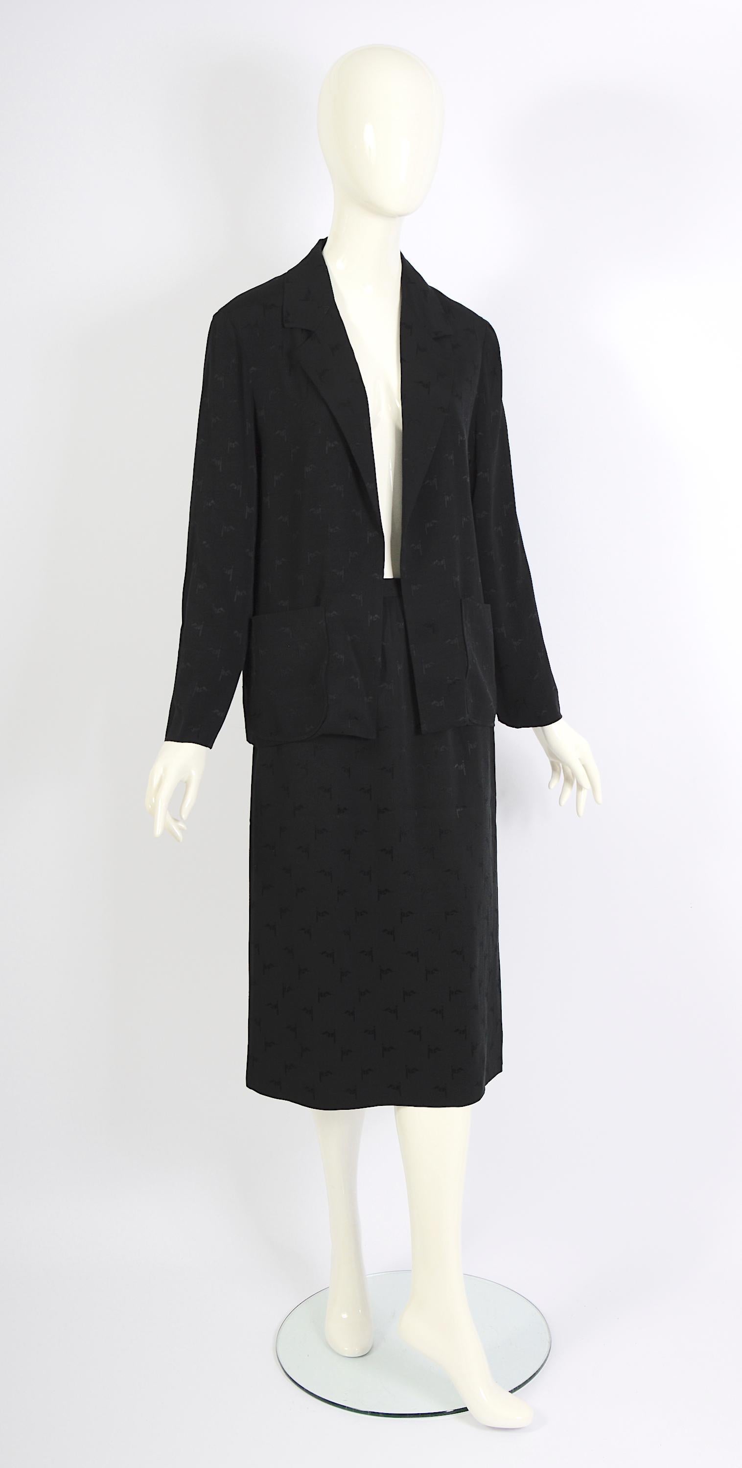 Celine vintage 1970s black light silk logo print jacket and skirt suit For Sale 3
