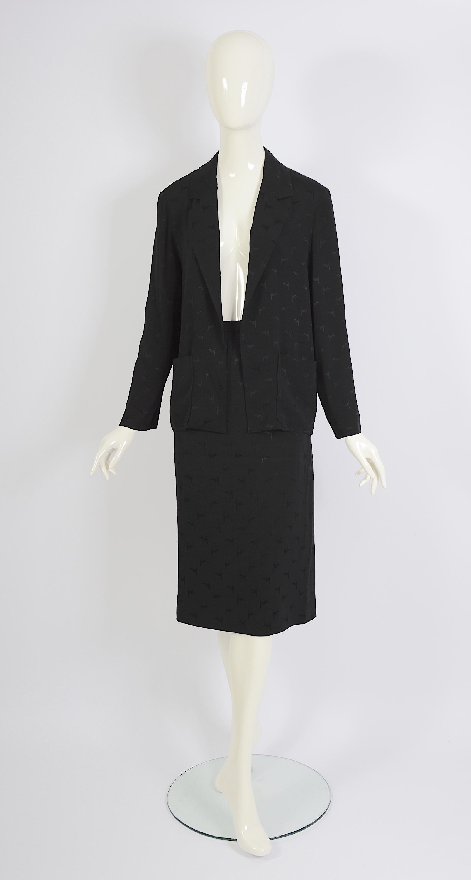 Celine vintage 1970s black light silk logo print jacket and skirt suit For Sale 4