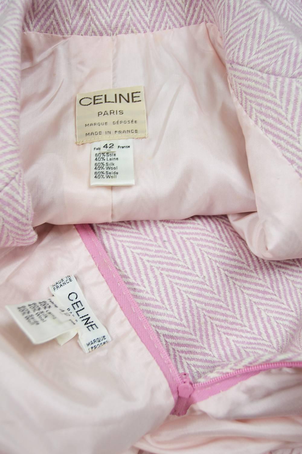 Celine Vintage Pink and White Silk and Wool Herringbone Tweed Skirt Suit, 1980s For Sale 4