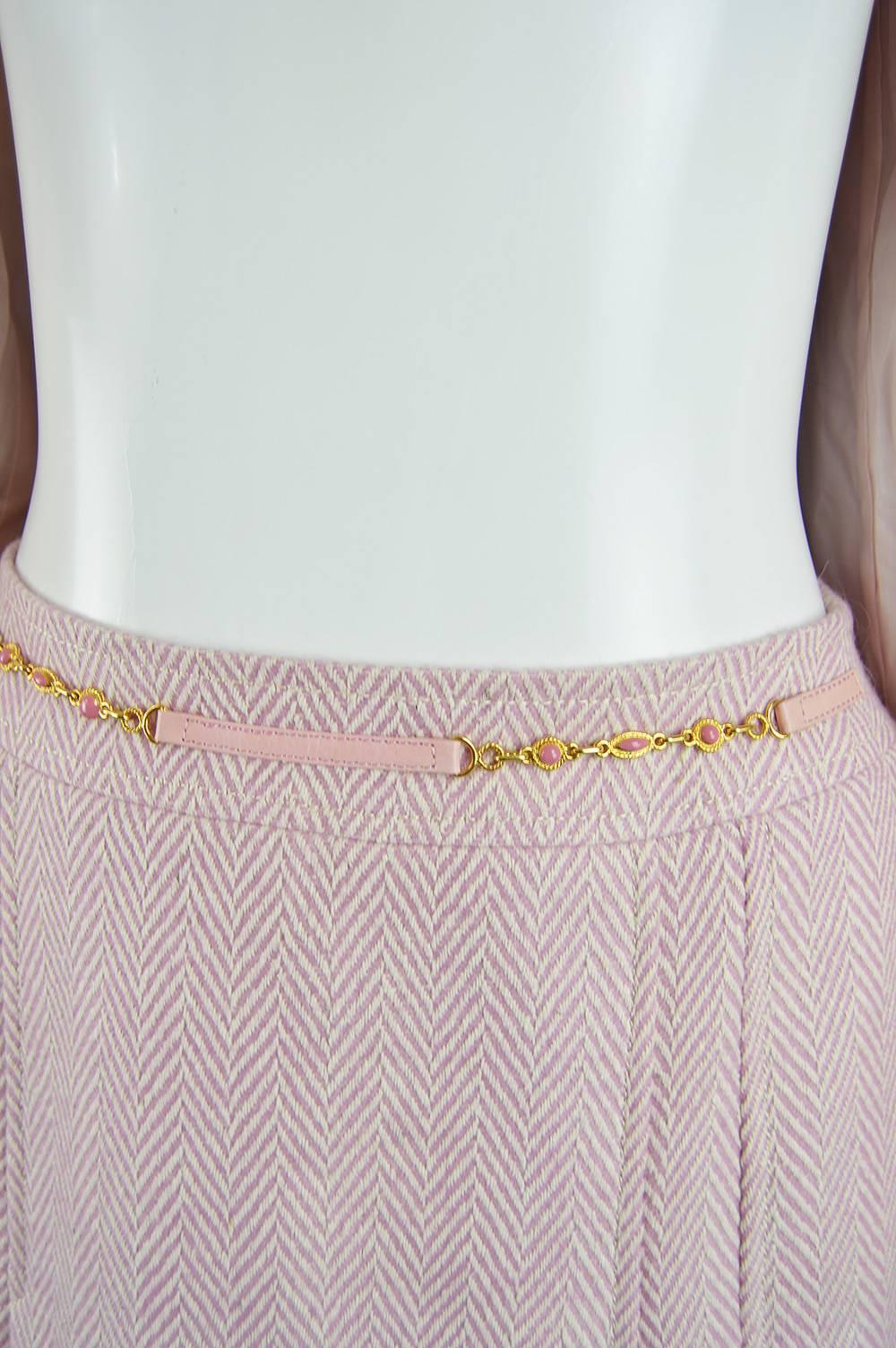 Gray Celine Vintage Pink and White Silk and Wool Herringbone Tweed Skirt Suit, 1980s For Sale