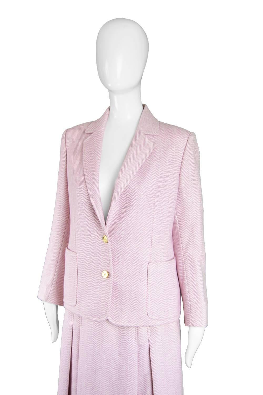 Celine Vintage Pink and White Silk and Wool Herringbone Tweed Skirt Suit, 1980s In Excellent Condition For Sale In Doncaster, South Yorkshire