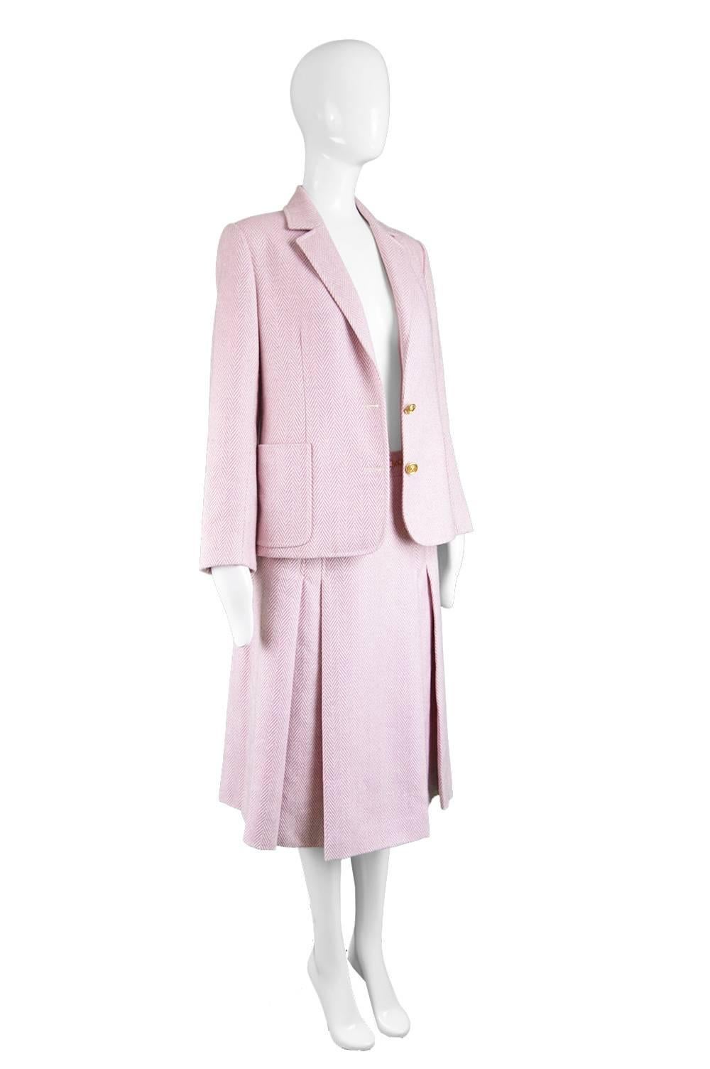 Celine Vintage Pink and White Silk and Wool Herringbone Tweed Skirt Suit, 1980s For Sale 1