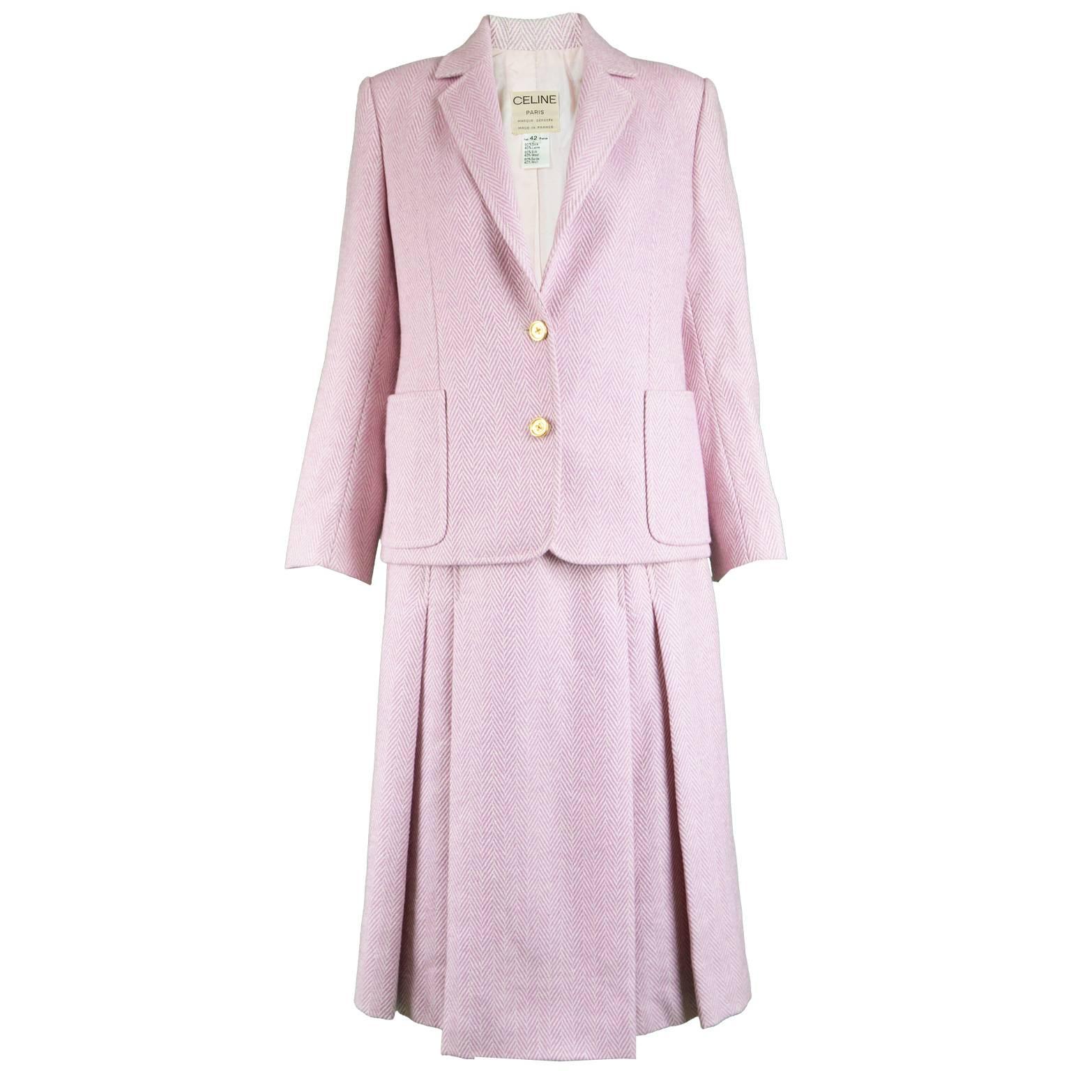 Celine Vintage Pink and White Silk and Wool Herringbone Tweed Skirt Suit, 1980s For Sale