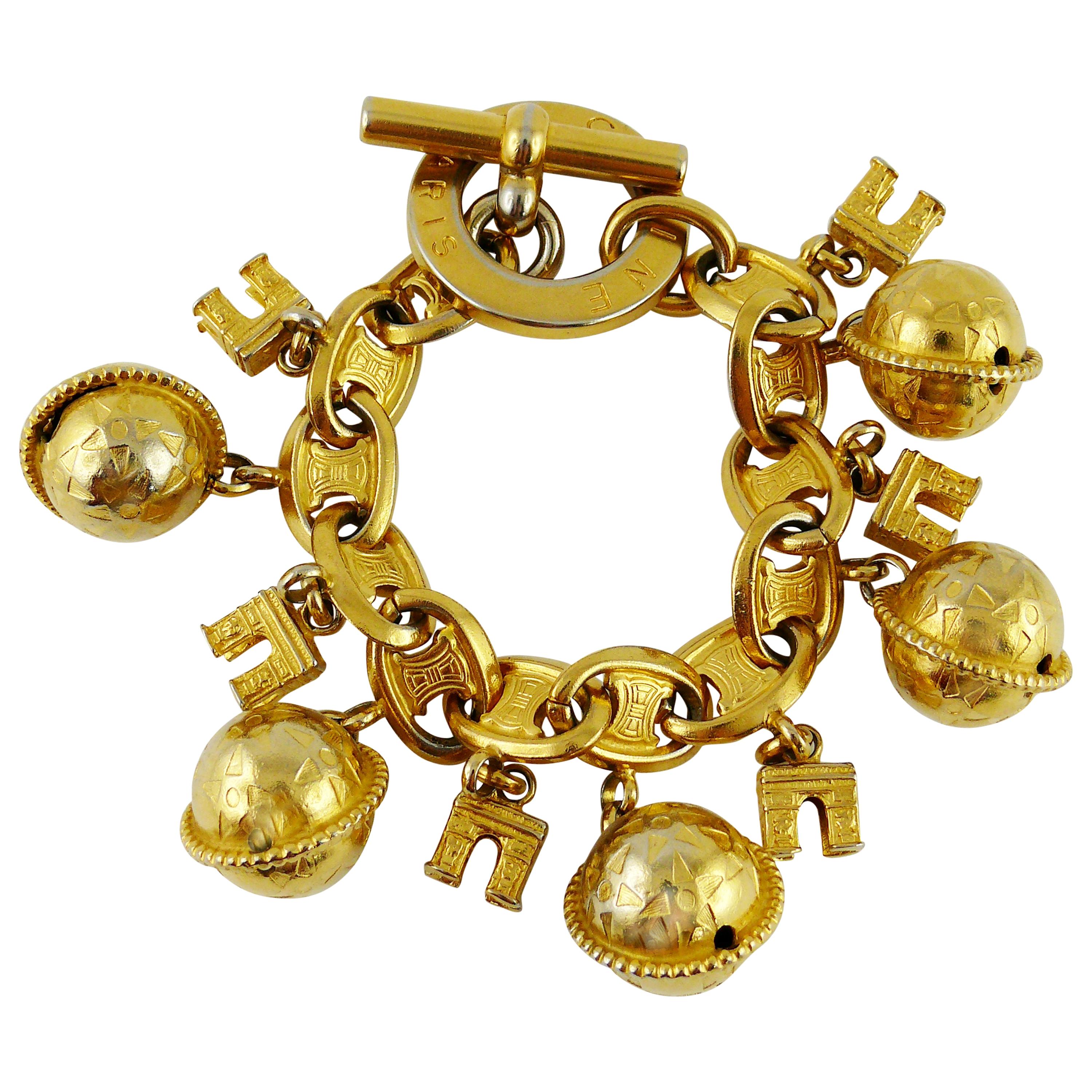 Celine Vintage 1990 Arc De Triomphe And Globe Gold Toned Charm Bracelet