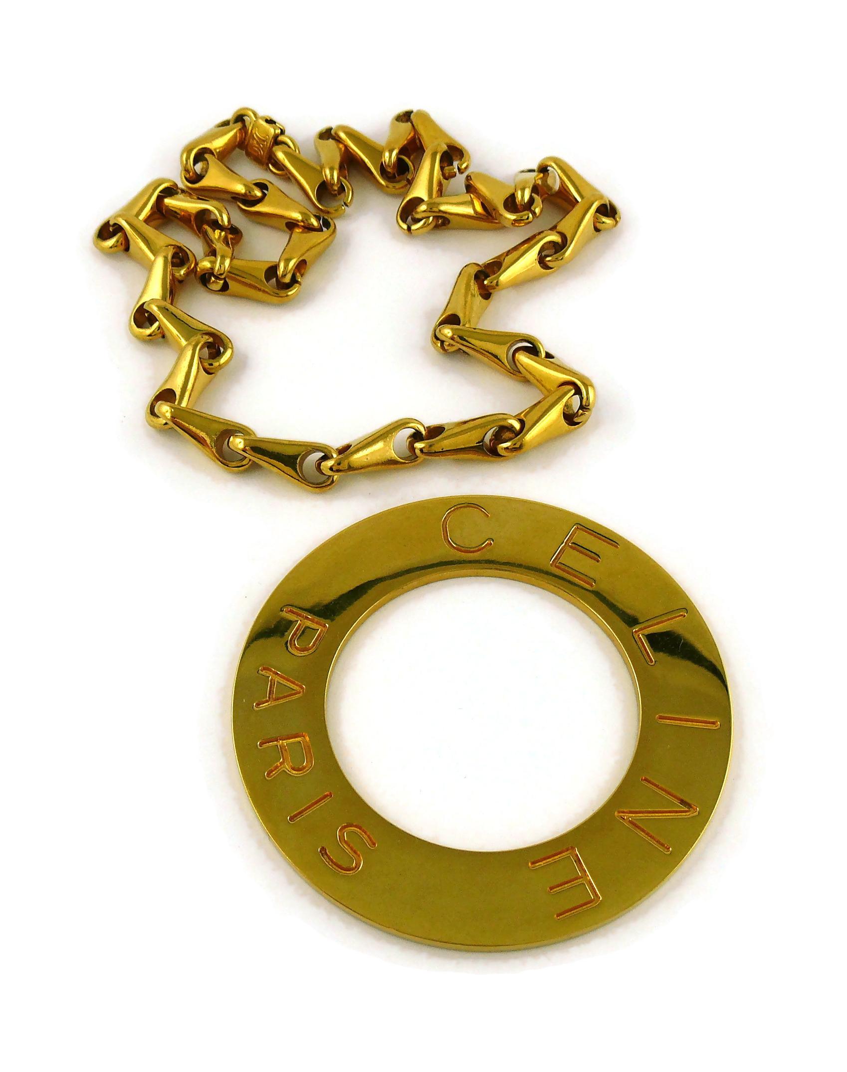 Celine Vintage 1990 Massive Gold Toned Disc Pendant Necklace For Sale 1