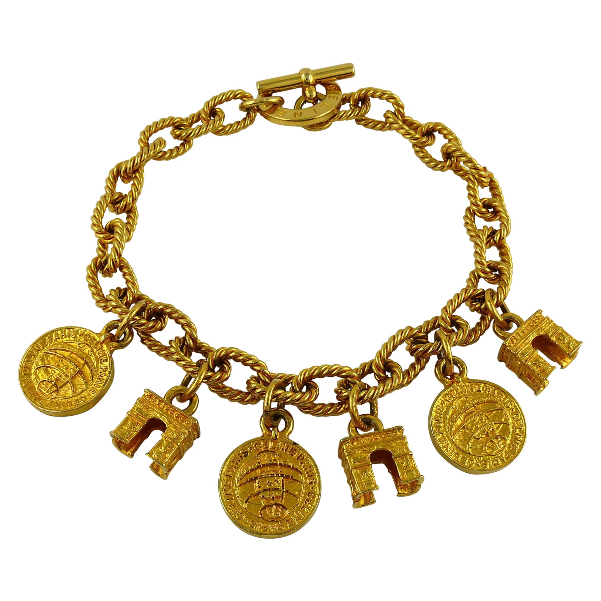 Celine Vintage 1991 Iconic Planisphere Coins and Arc de Triomphe Charms Necklace For Sale