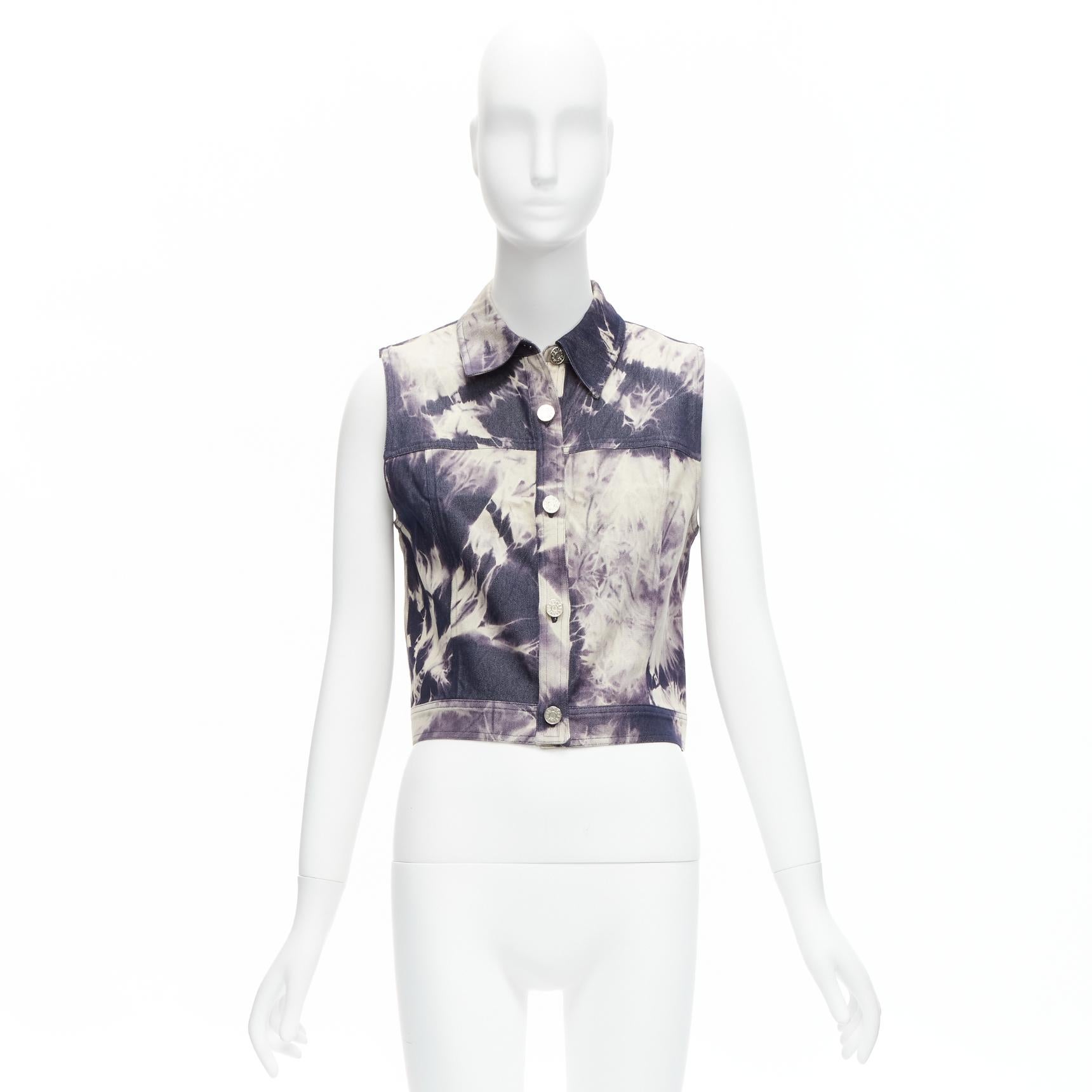 CELINE Vintage 2000 indigo blue cream print cotton silk denim vest jacket FR40 L For Sale 6
