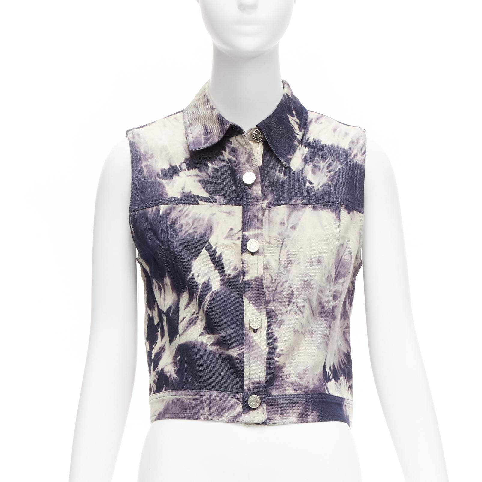 White CELINE Vintage 2000 indigo blue cream print cotton silk denim vest jacket FR40 L For Sale