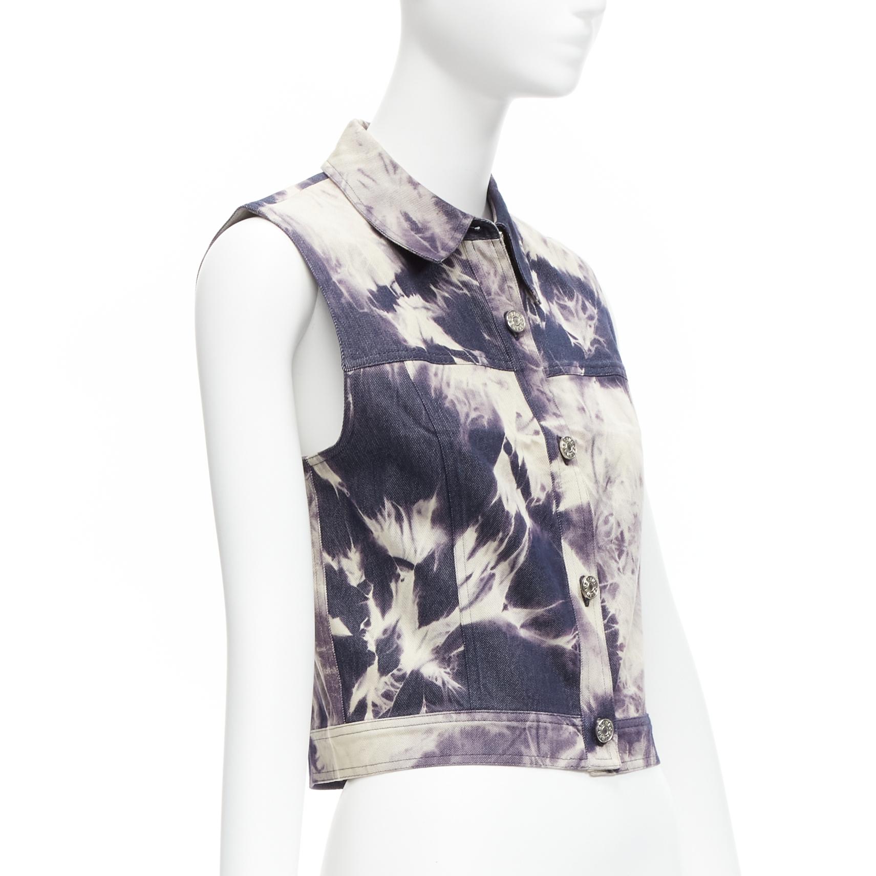 CELINE Vintage 2000 indigo blue cream print cotton silk denim vest jacket FR40 L In Excellent Condition For Sale In Hong Kong, NT
