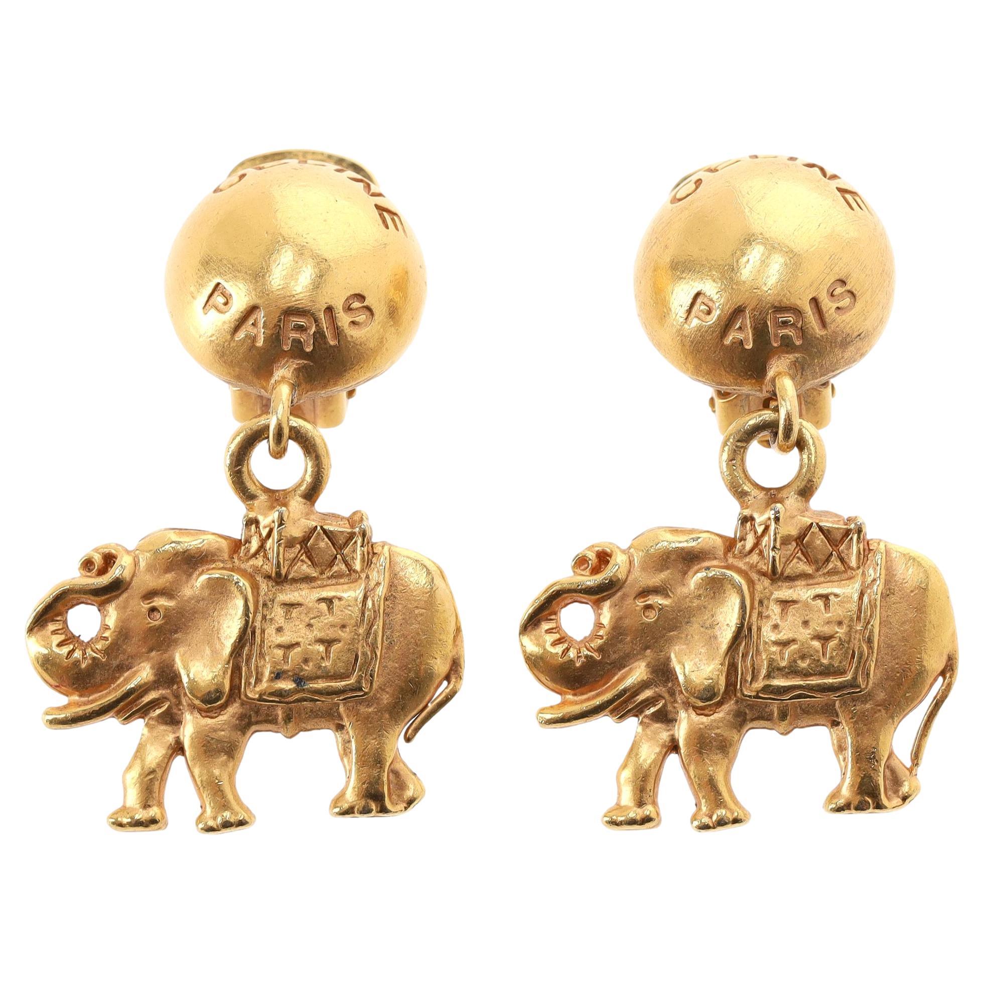 Celine Vintage 80's Elephant Dangle Clip-On Earrings en venta