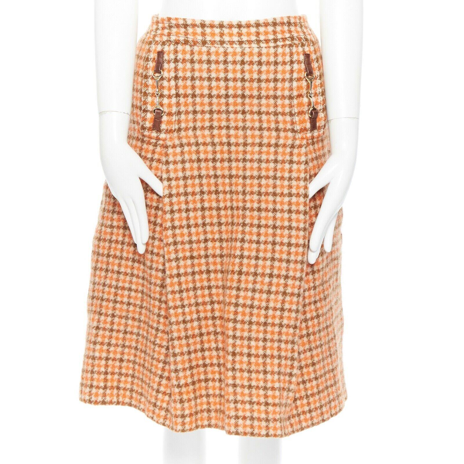 Orange CELINE Vintage 80's orange check pleat skirt leather horse bit cuff FR44 XXL For Sale