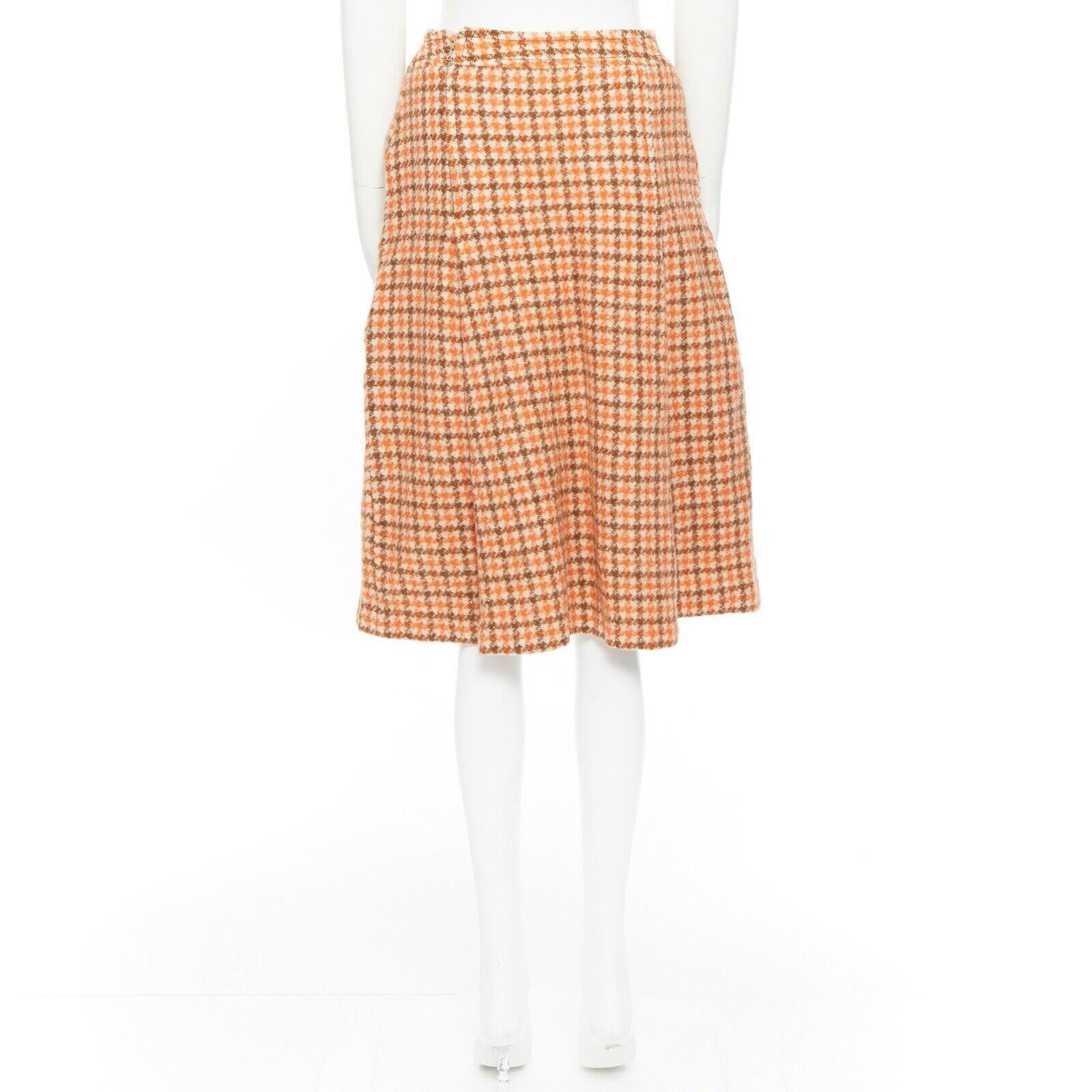 CELINE Vintage 80's orange check pleat skirt leather horse bit cuff FR44 XXL For Sale 1
