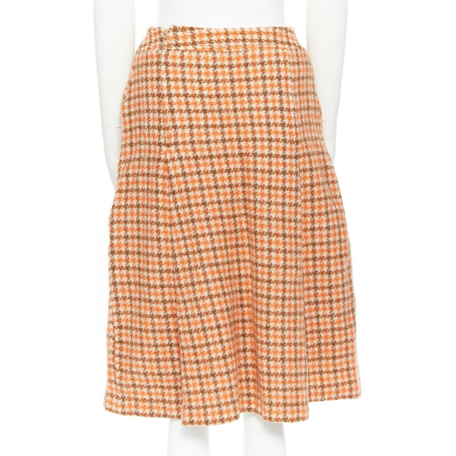 CELINE Vintage 80's orange check pleat skirt leather horse bit cuff FR44 XXL For Sale 2