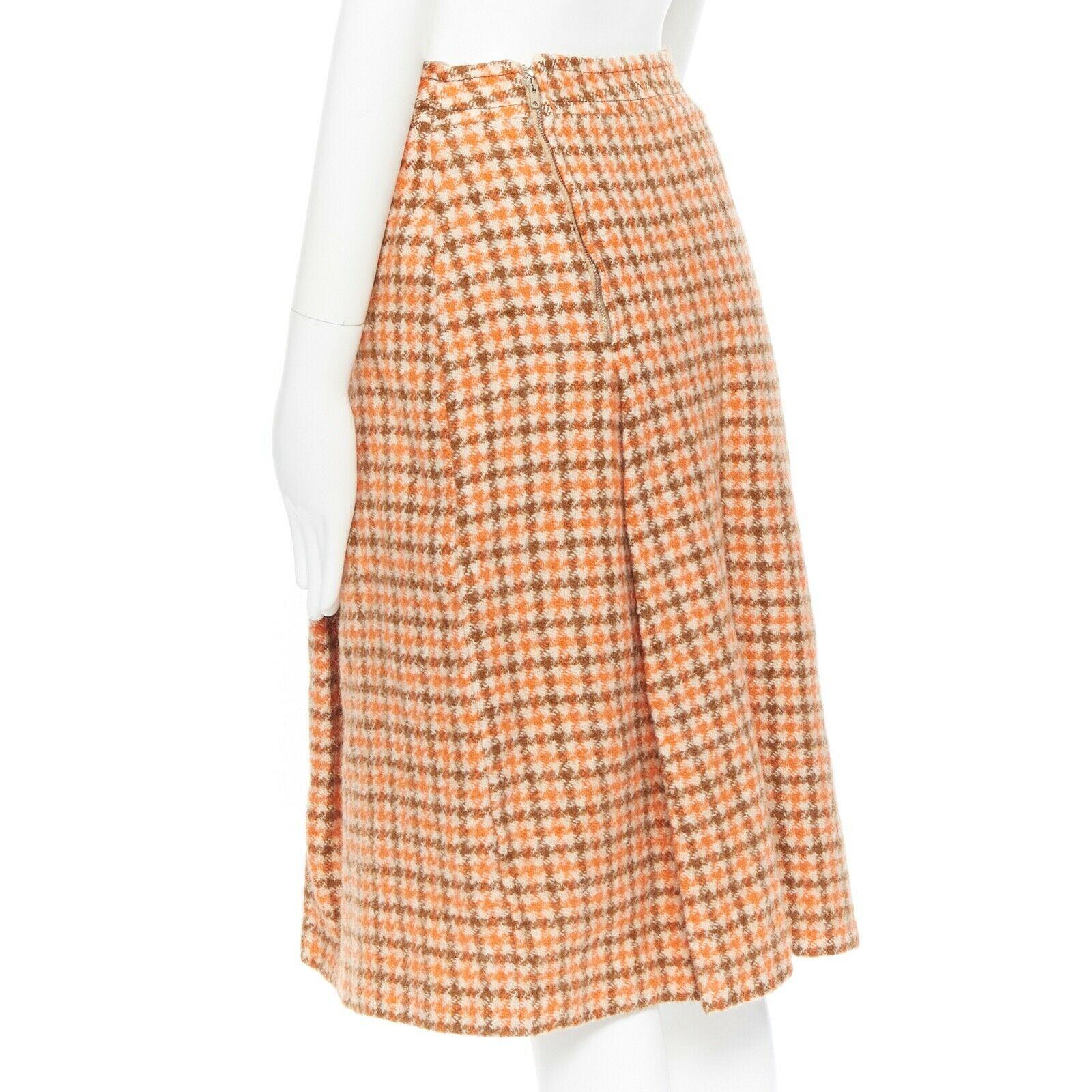 CELINE Vintage 80's orange check pleat skirt leather horse bit cuff FR44 XXL For Sale 3