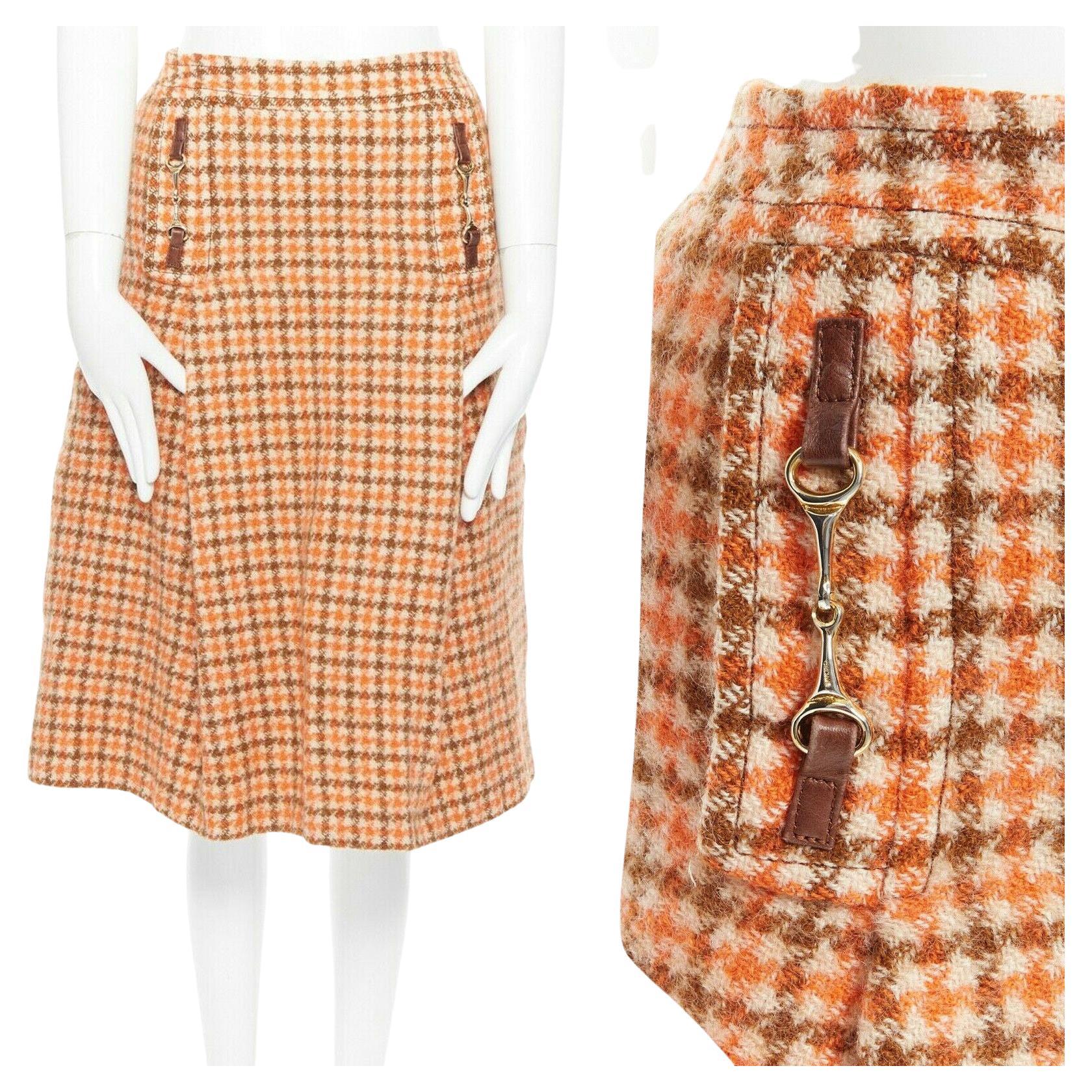 CELINE Vintage 80's orange check pleat skirt leather horse bit cuff FR44 XXL For Sale