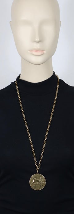 CELINE Vintage Antiqued Gold Tone Carriage Pendant Necklace