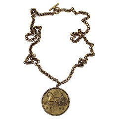 CELINE Vintage Antiqued Gold Tone Carriage Pendant Necklace