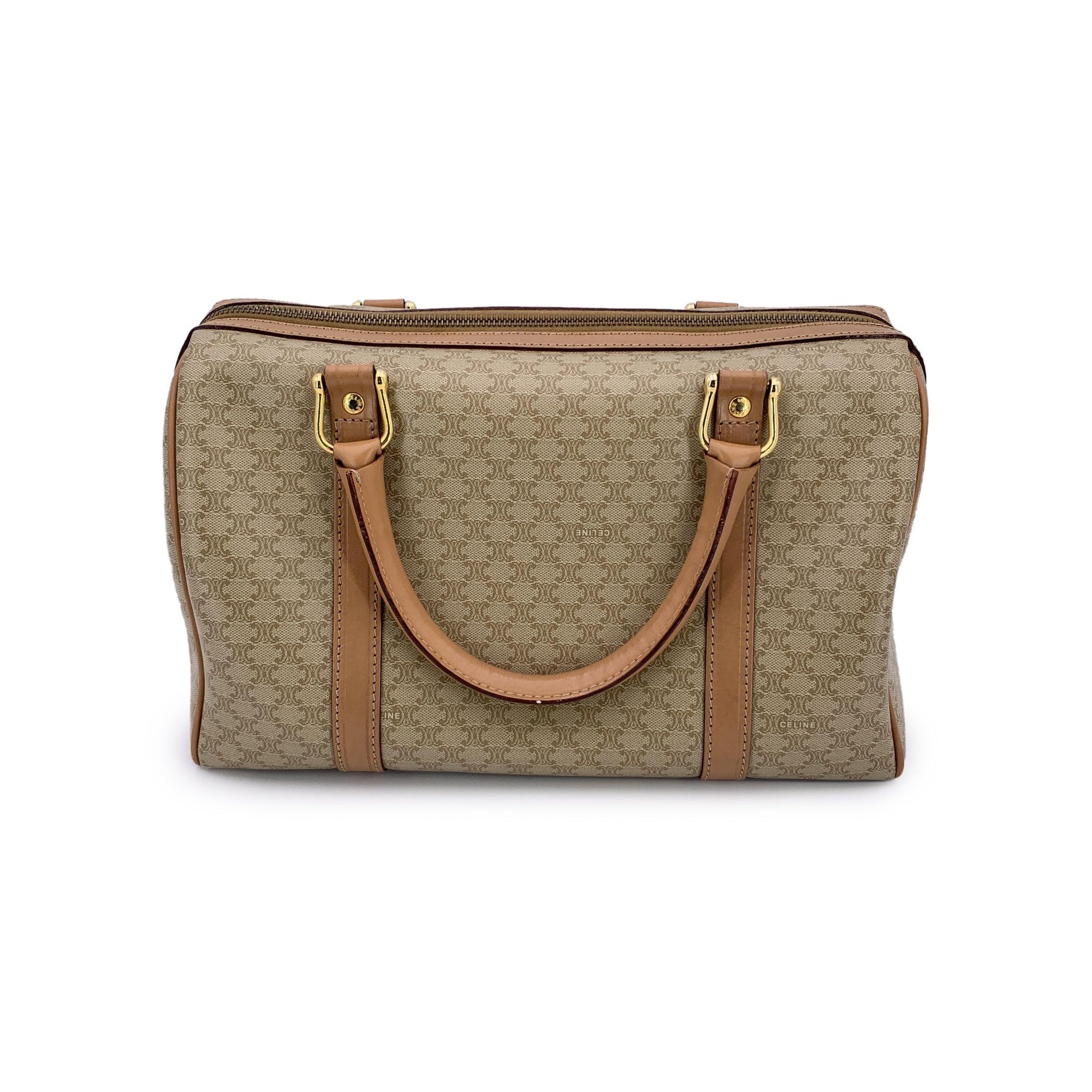 Celine Vintage Beige Macadam Canvas Duffel Duffle Boston Bag In Good Condition For Sale In Rome, Rome