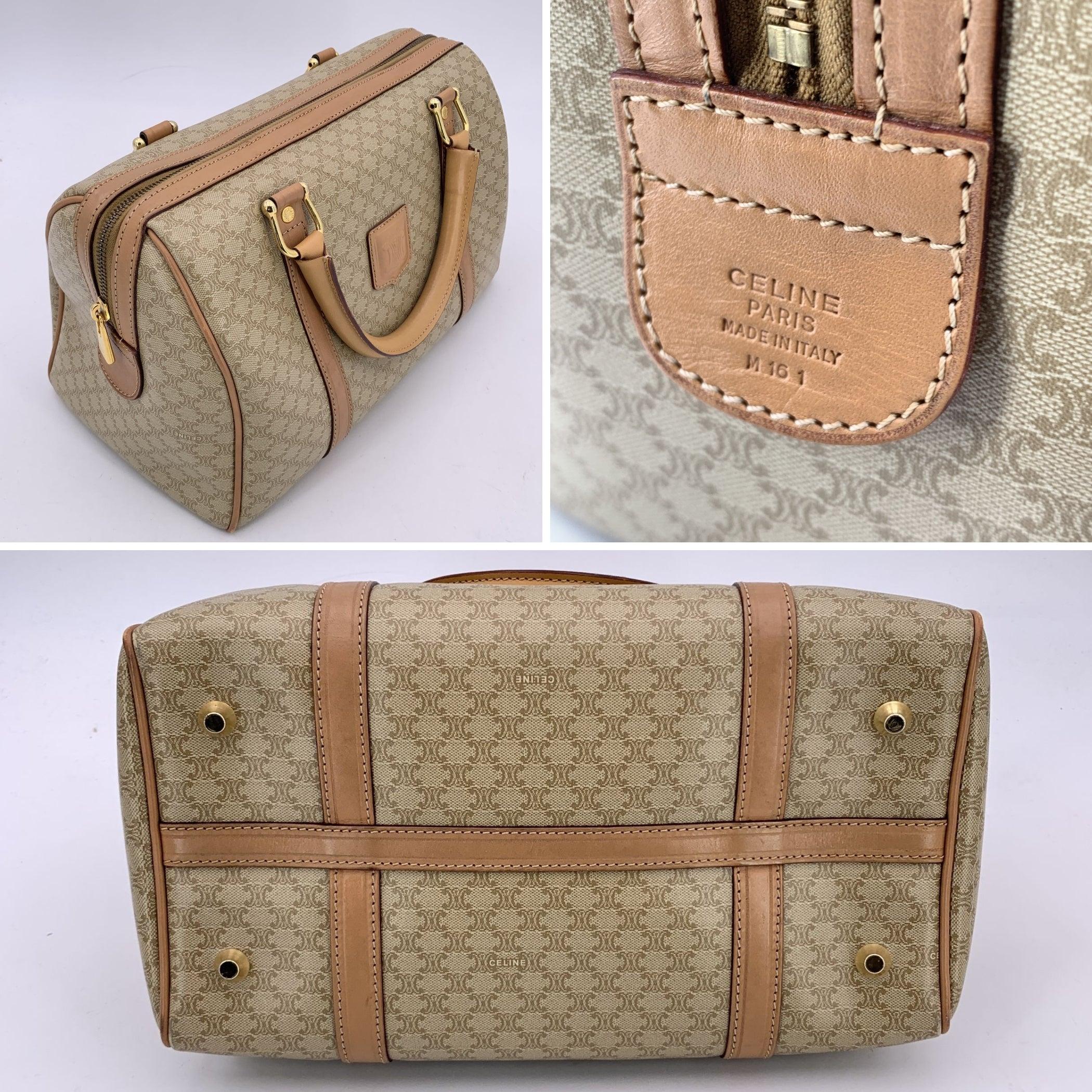 Celine Vintage Beige Macadam Canvas Duffel Duffle Boston Bag For Sale 2
