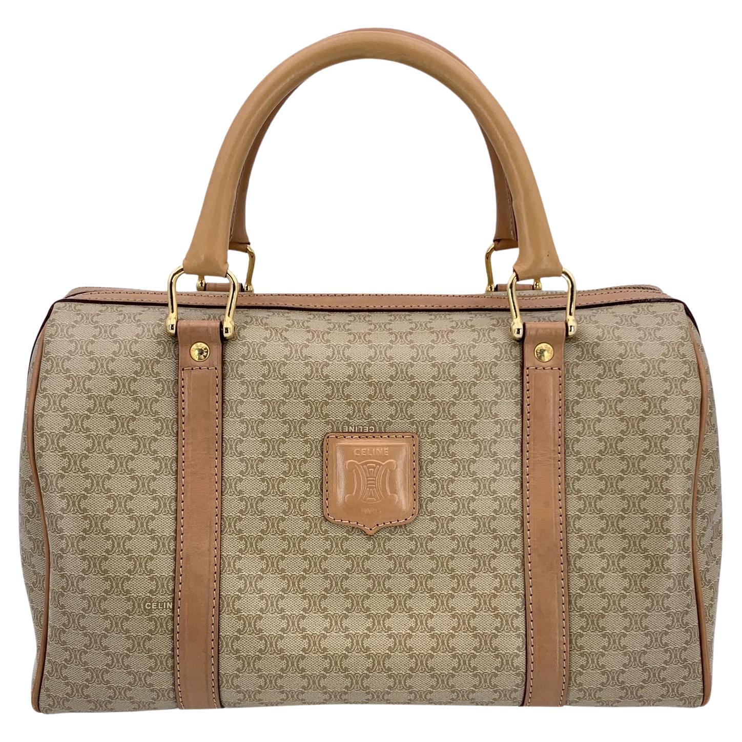 Celine Vintage Beige Macadam Canvas Duffel Duffle Boston Bag For Sale