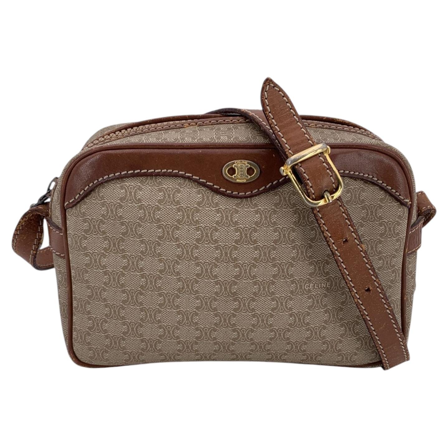 Celine Vintage Beige Macadam Canvas Small Crossbody Bag For Sale