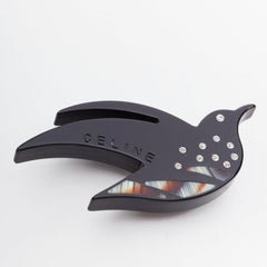 Celine Spilla grande con uccello in acrilico nero vintage e cristallo trasparente