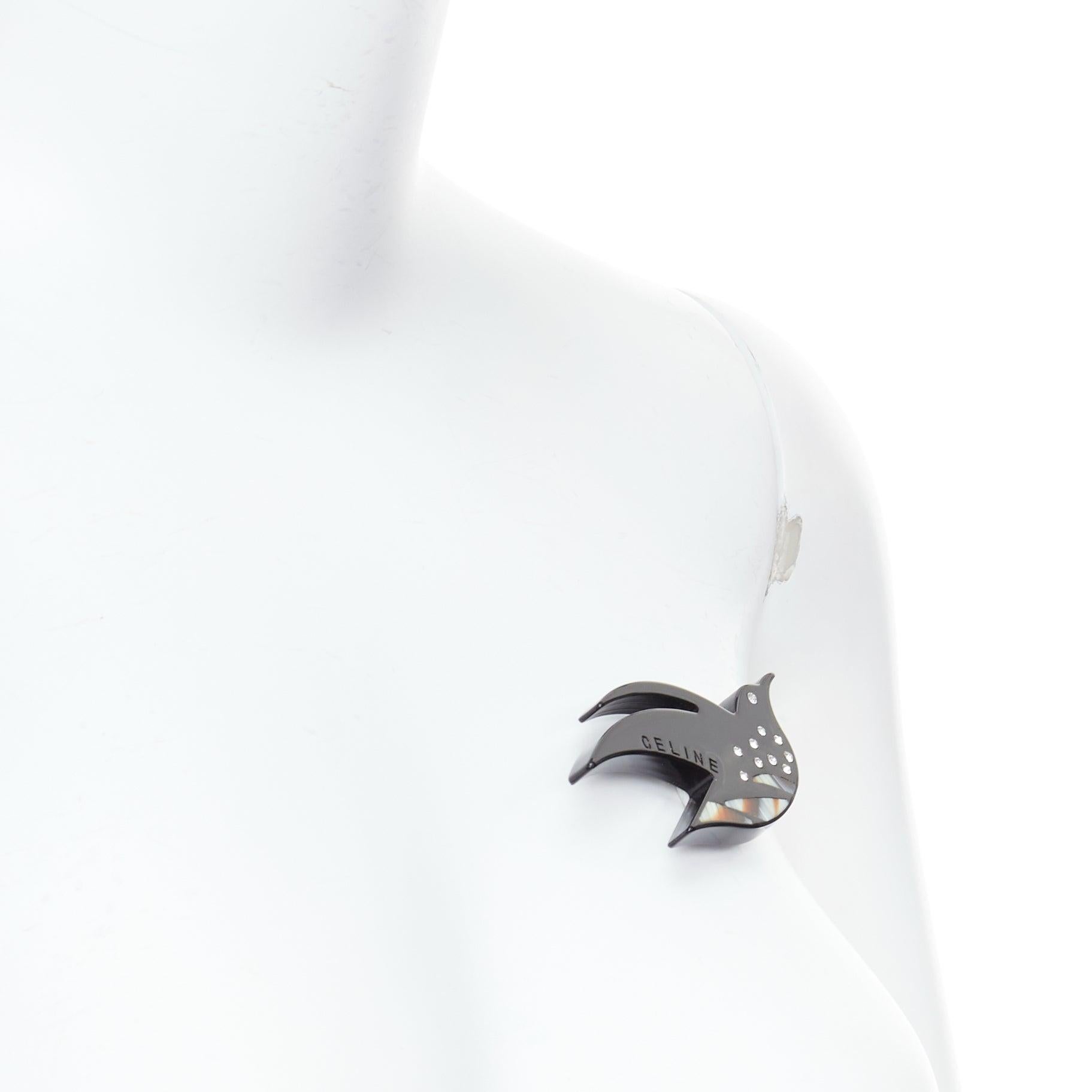 CELINE Vintage black acrylic clear crystal bird large pin brooch In Good Condition For Sale In Hong Kong, NT
