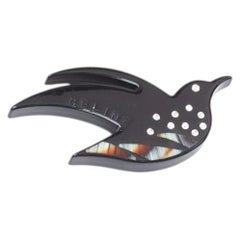 CELINE Vintage black acrylic clear crystal bird large pin brooch
