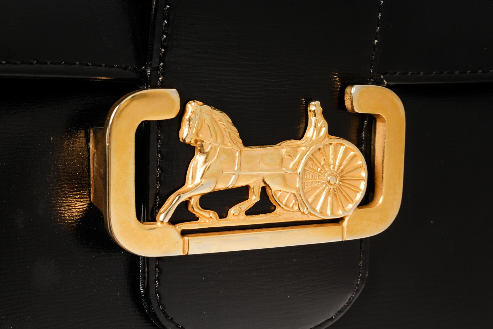 Celine Vintage Black Leather Horse Carriage Box Shoulder Bag In Good Condition In Irvine, CA
