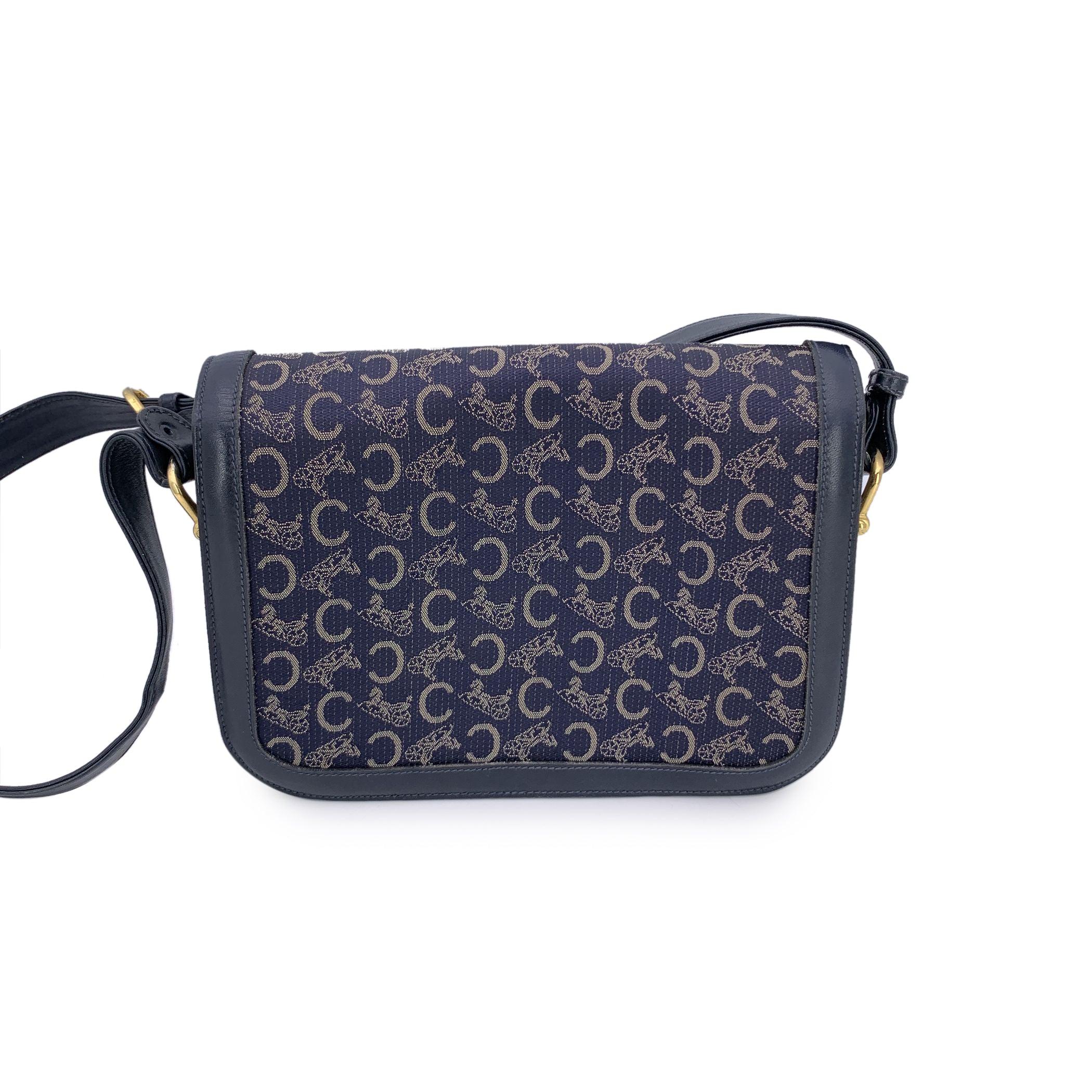 Celine Vintage Bleu C Carriage Canvas Box Flap Shoulder Bag Bon état - En vente à Rome, Rome
