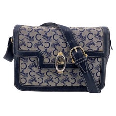 Celine Vintage Blue Grey C Carriage Canvas Box Flap Shoulder Bag