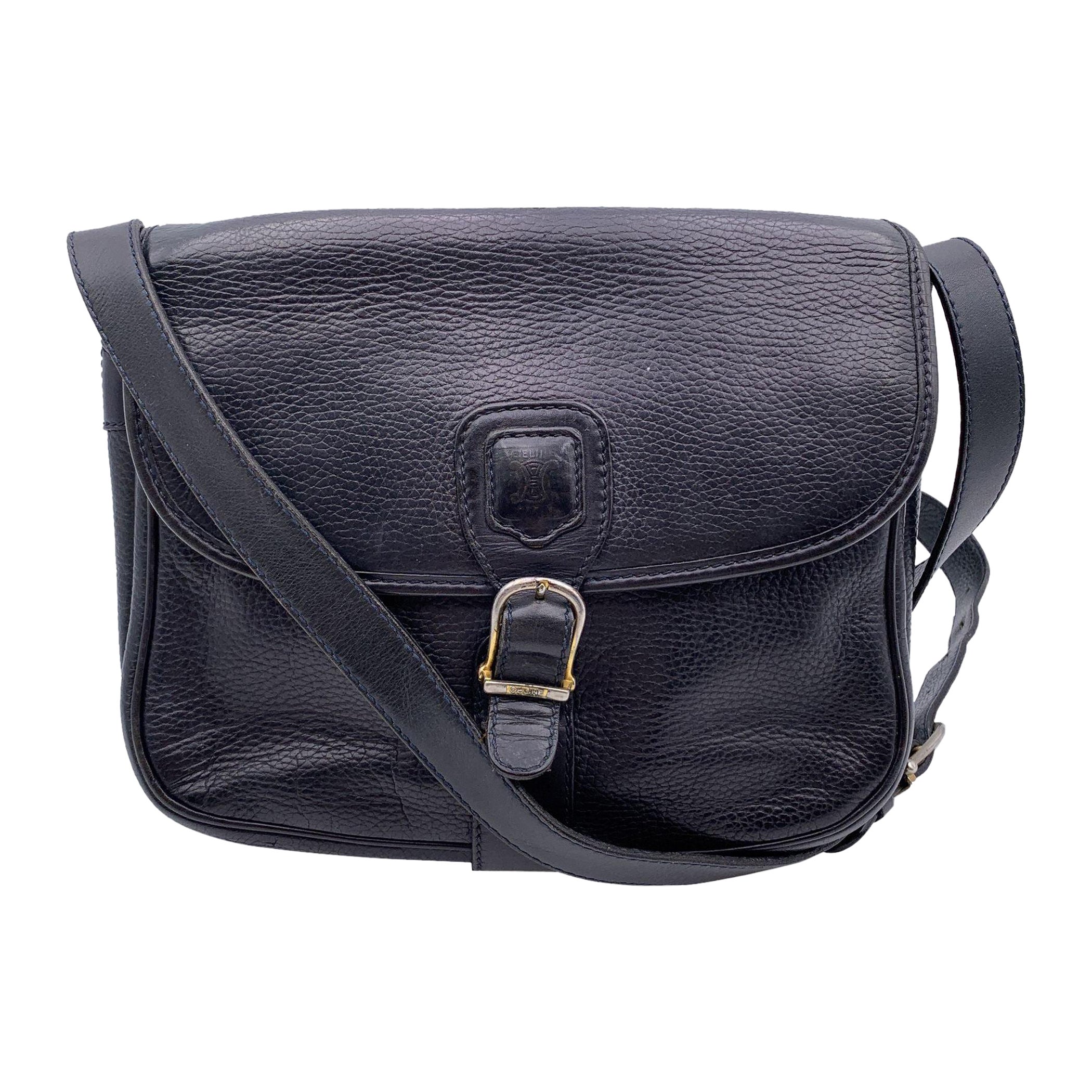 Celine Vintage Blue Leather Crossbody Flap Messenger Bag