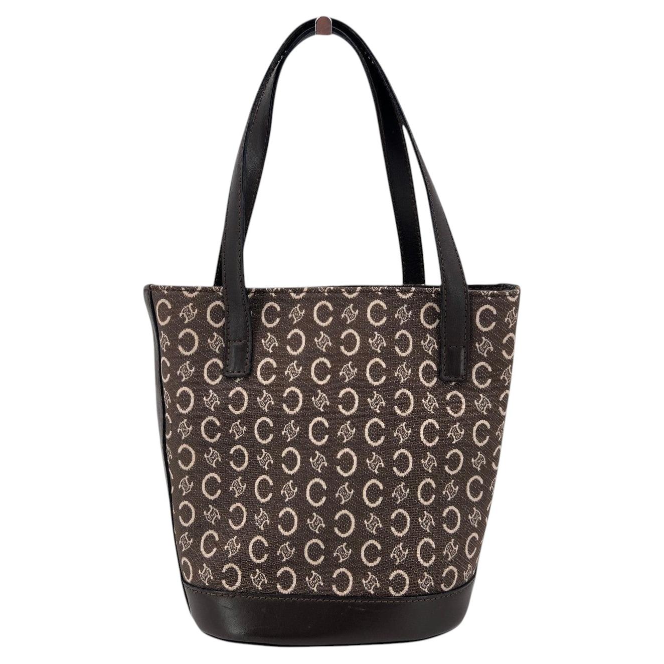 Celine Vintage Marrón C Macadam Canvas Small Bucket Tote Bag en venta