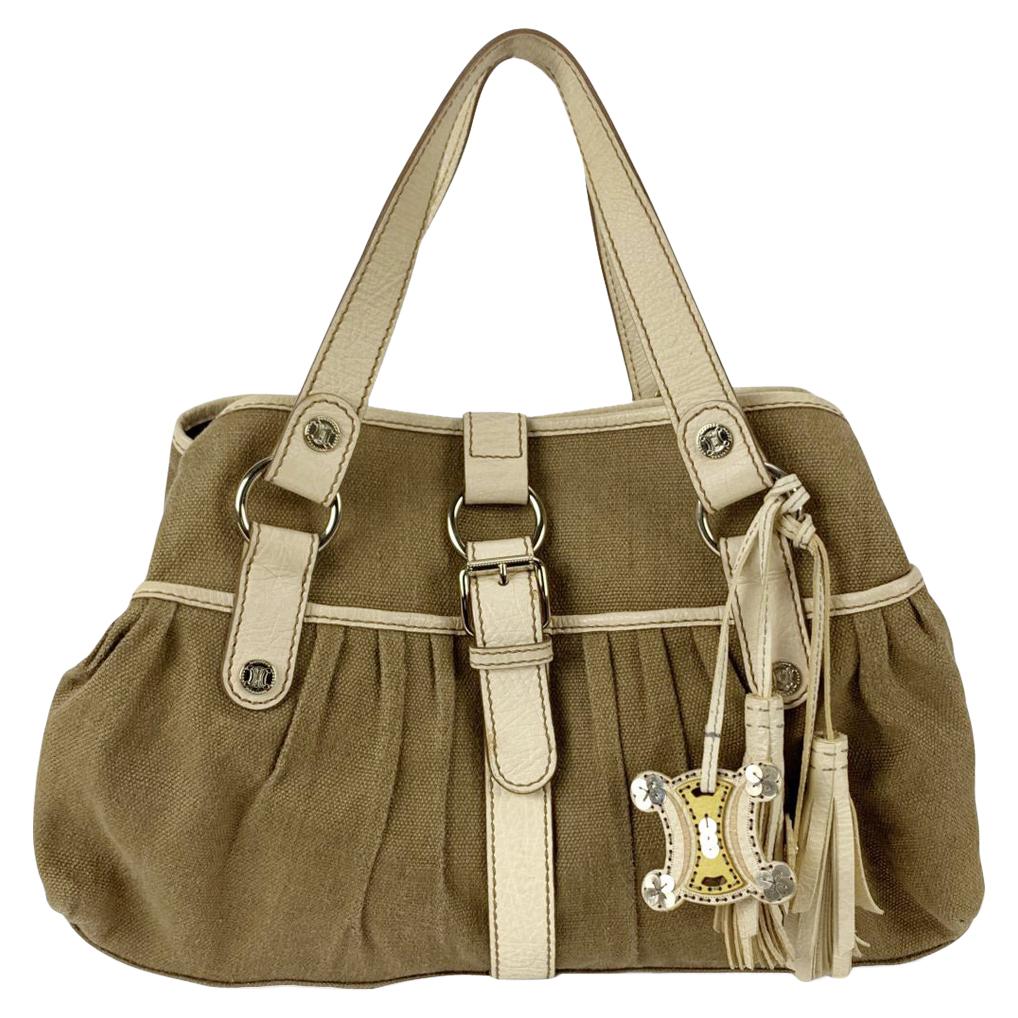 Celine Vintage Brown Canvas Leather Buckle Tote Handbag