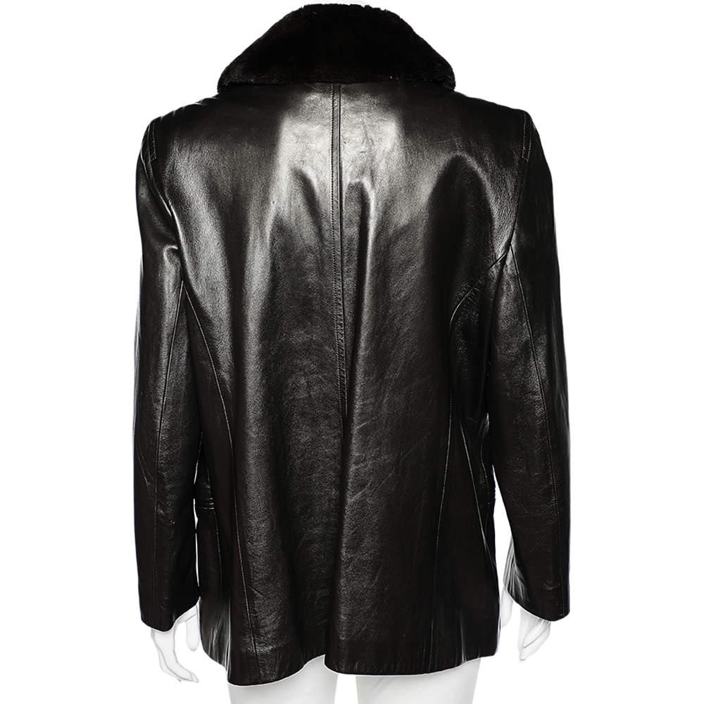Black Celine Vintage Brown Leather Shearling Collar Zip Front Jacket L