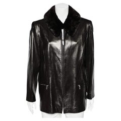 Celine Vintage Brown Leather Shearling Collar Zip Front Jacket L