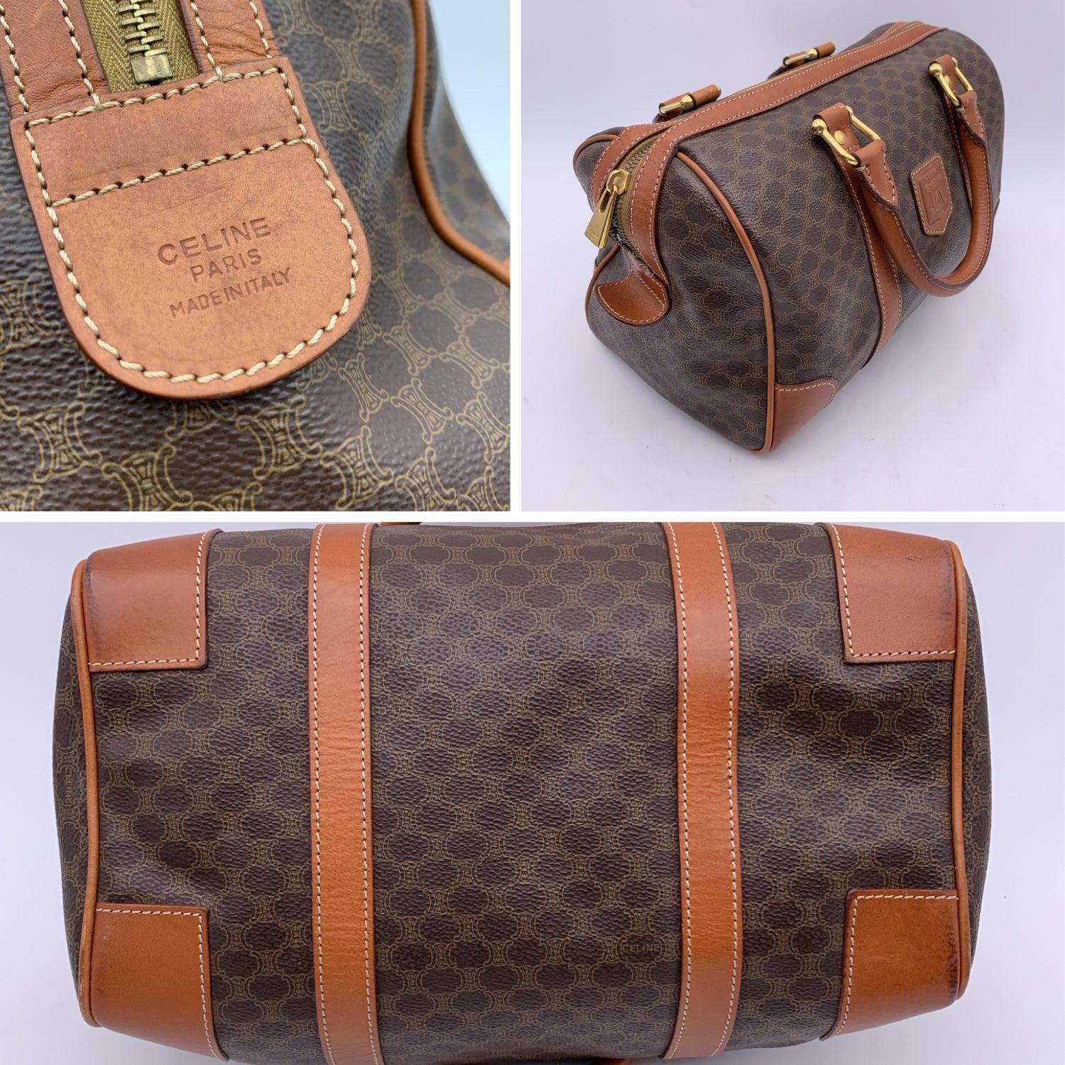 Celine Vintage Brown Macadam Canvas Handbag Boston Bag In Excellent Condition In Rome, Rome