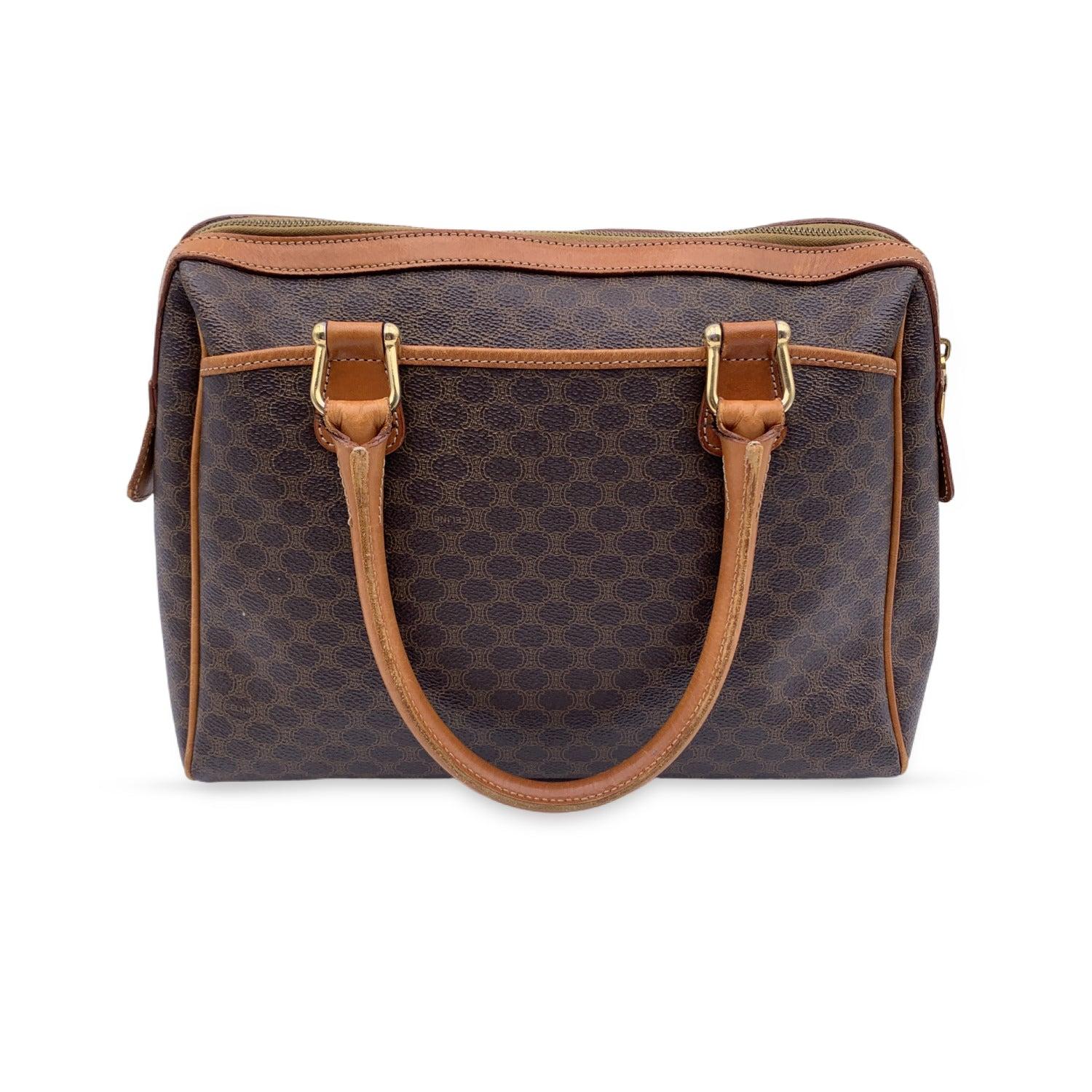 Celine Vintage Brown Macadam Canvas Handbag Satchel Bag In Good Condition In Rome, Rome