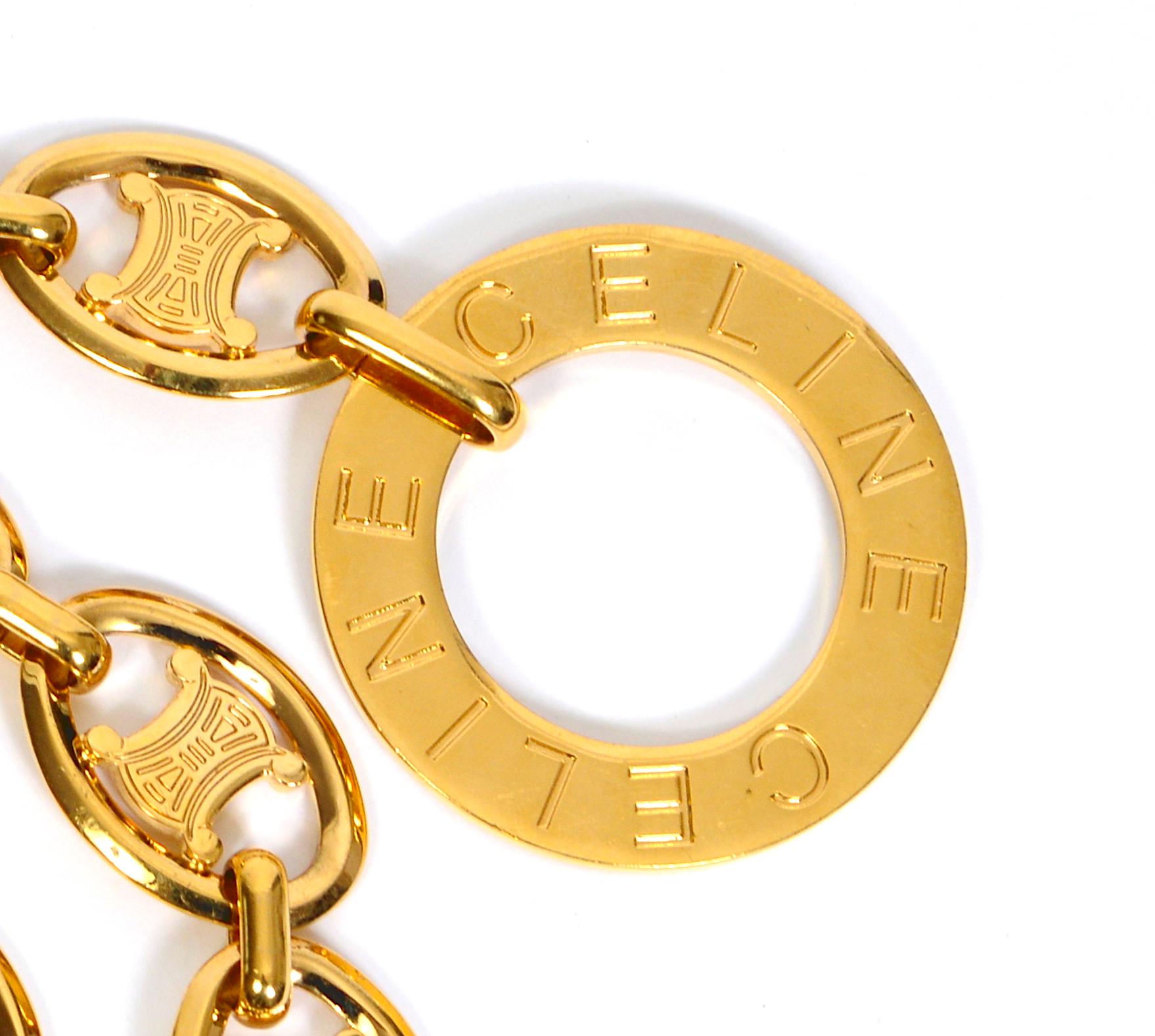 Brown Celine vintage chunky large signed gold logo link chain belt