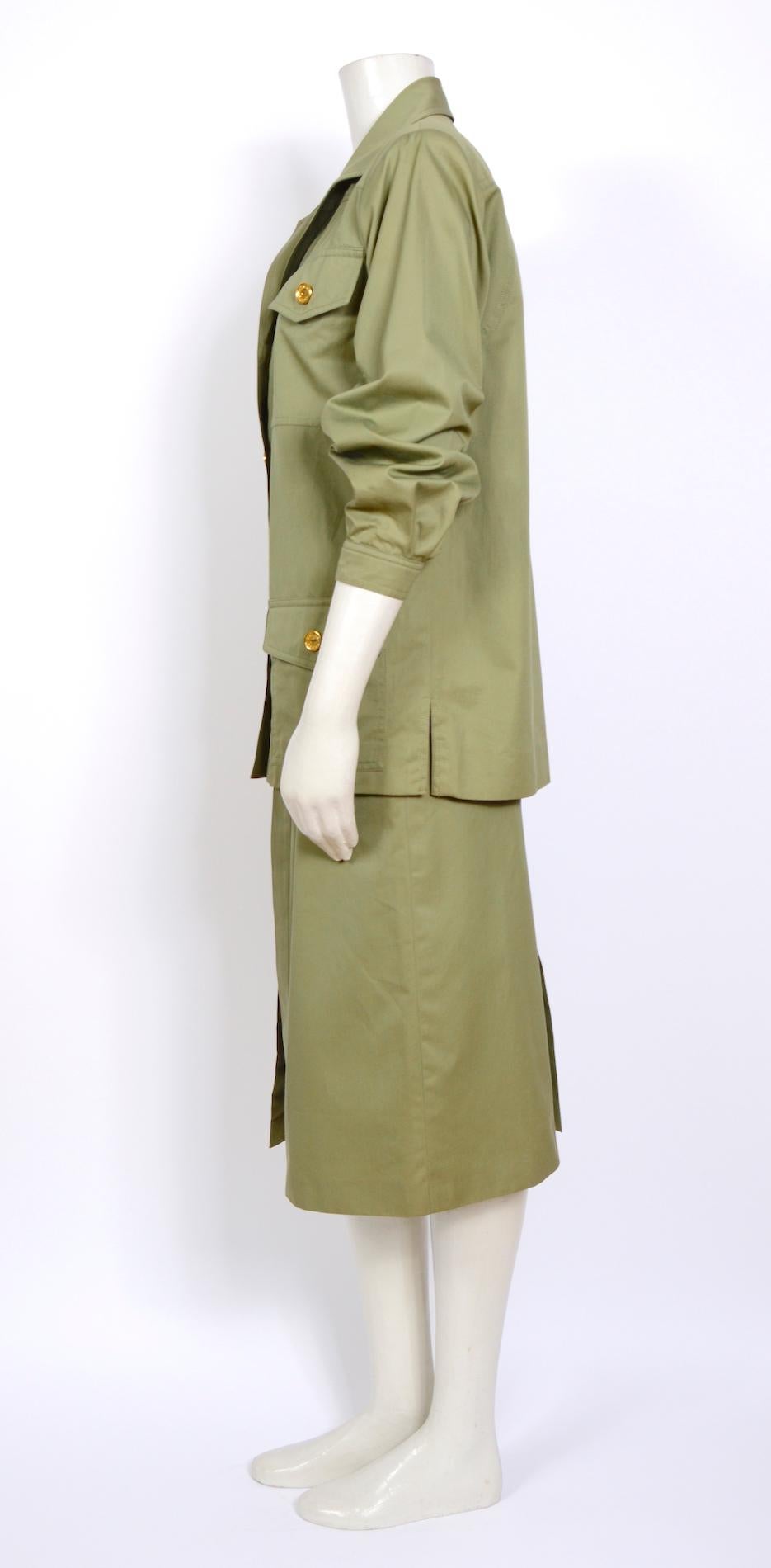 Brown Celine vintage cotton safari style signed gold buttons jacket and skirt suit For Sale