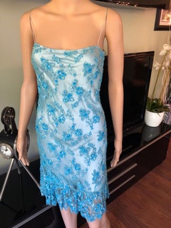 Celine Vintage Embellished Lace Turquoise Cocktail Dress