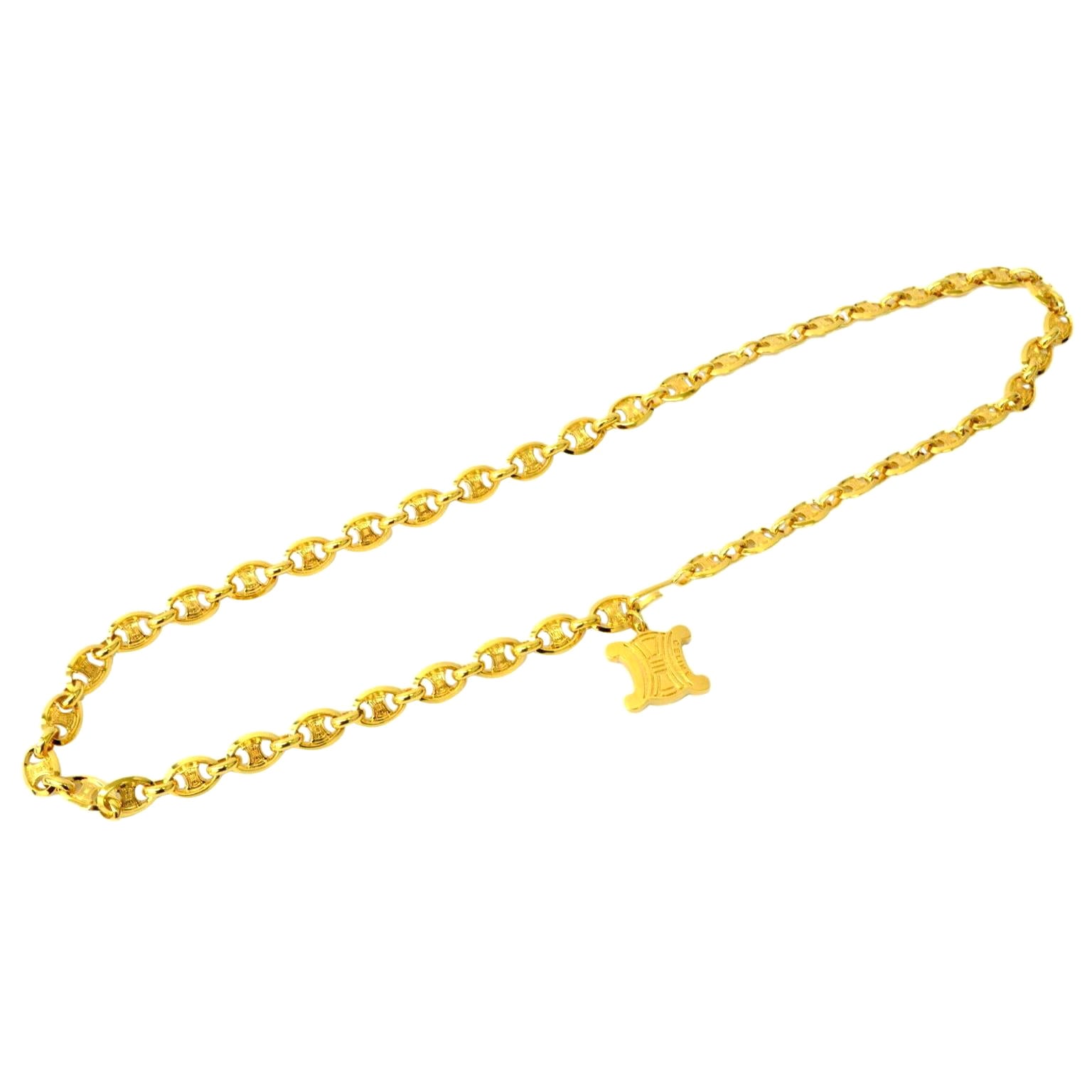 Celine Vintage Logo Gold Chain Link Mariner Charm Waist Belt 