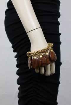 CELINE Vintage Gold-Tone Chain Bracelet with Wooden Charms