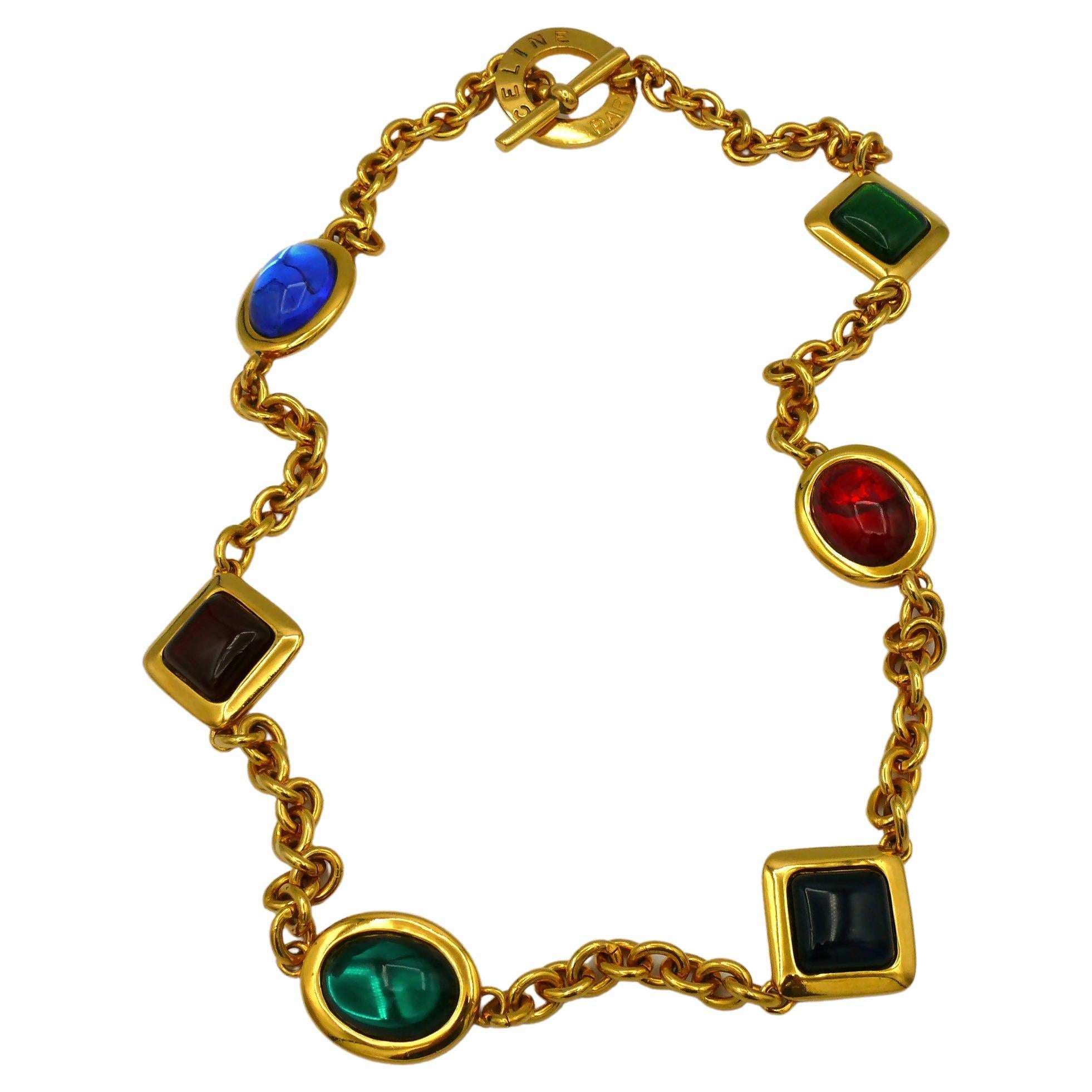 CELINE Vintage Gold Tone Chain Glass Cabochons Necklace/Belt  For Sale